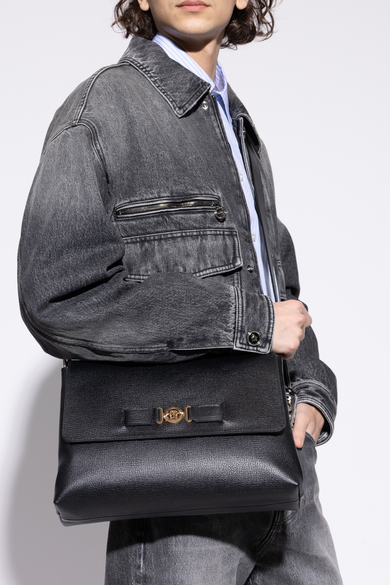 Leather Shoulder Bag, Men's, Black
