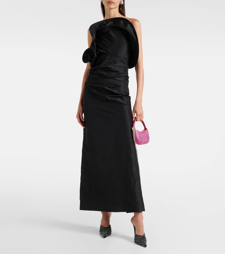 Floral-appliqué silk taffeta gown