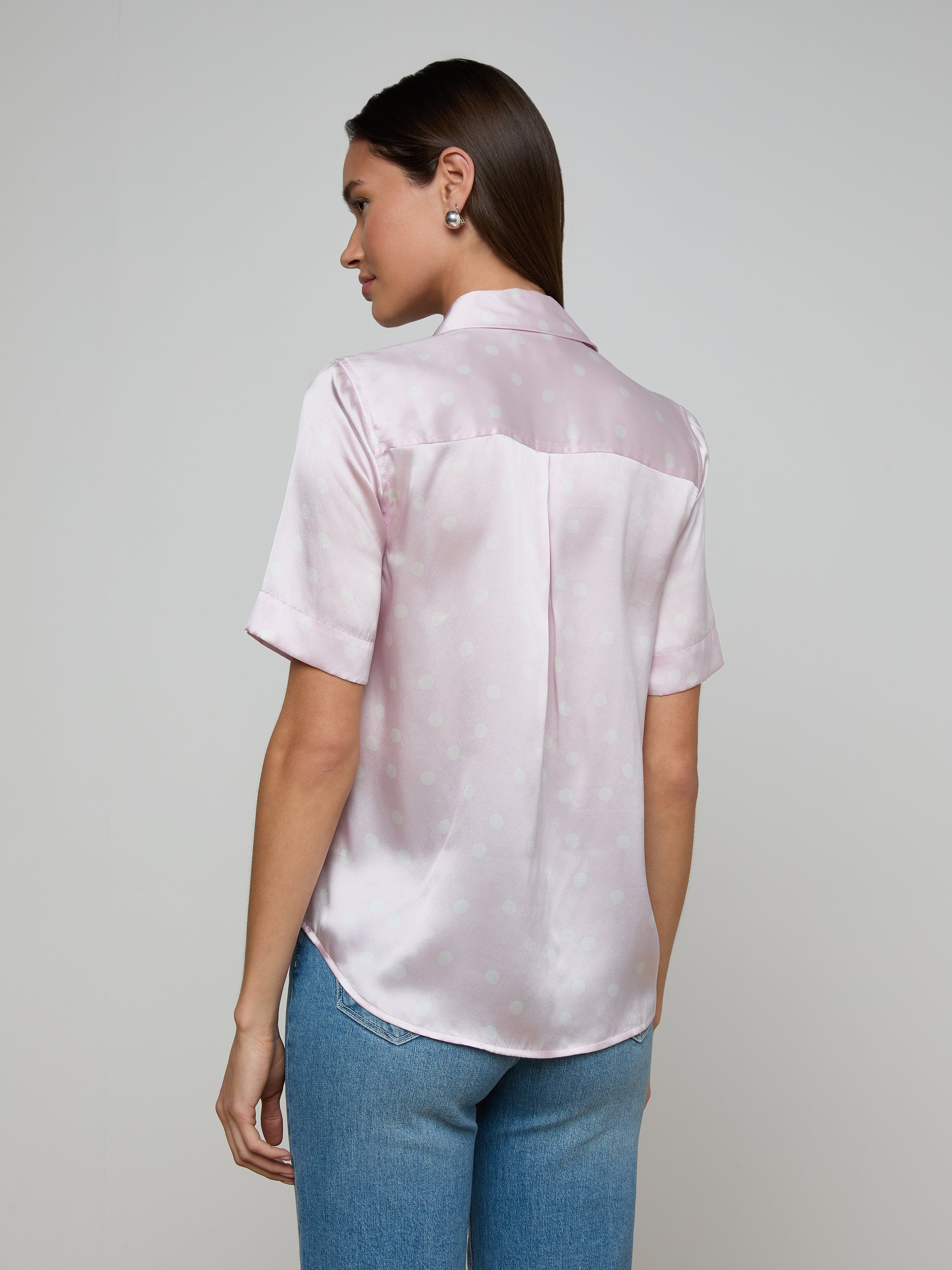 Ellah Silk Blouse Top In Icy Lilac/ivory Polka Dot