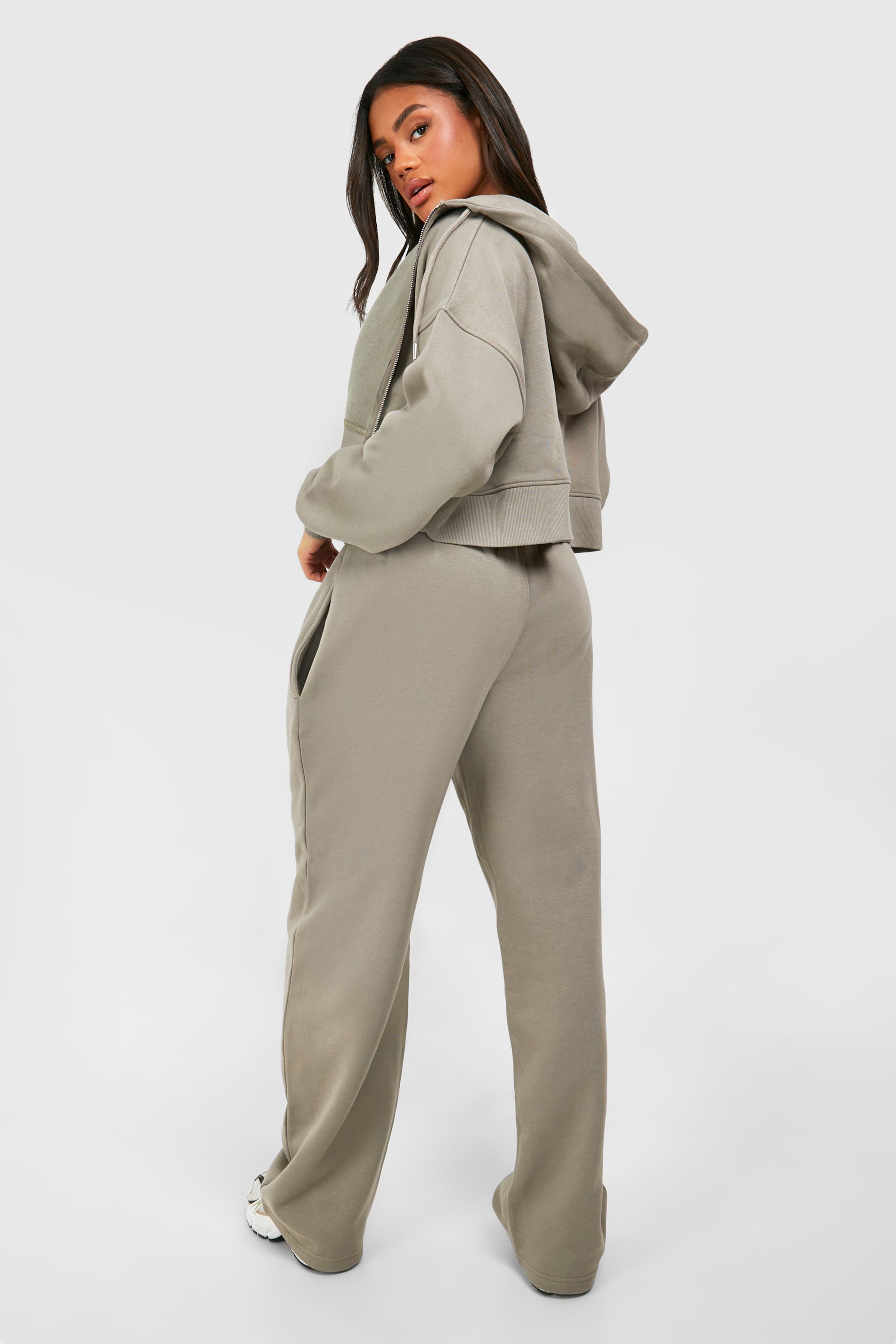 Boohoo Womens Deep Hem Crop Top 3 Piece Hooded Tracksuit - Khaki Cotton - Large