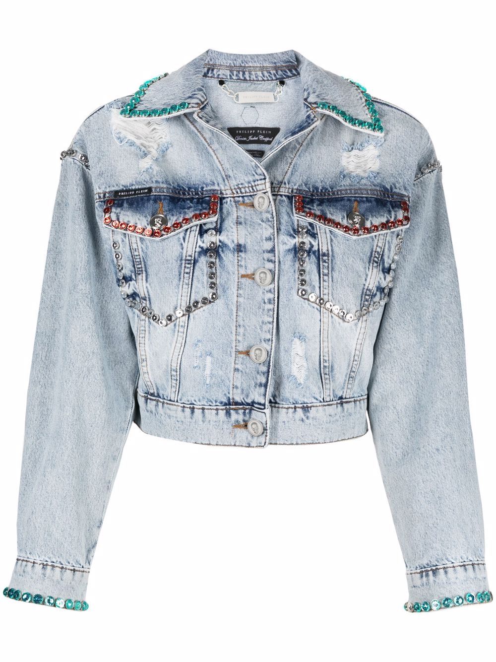 Crystal-embellished distressed denim jacket - Blue