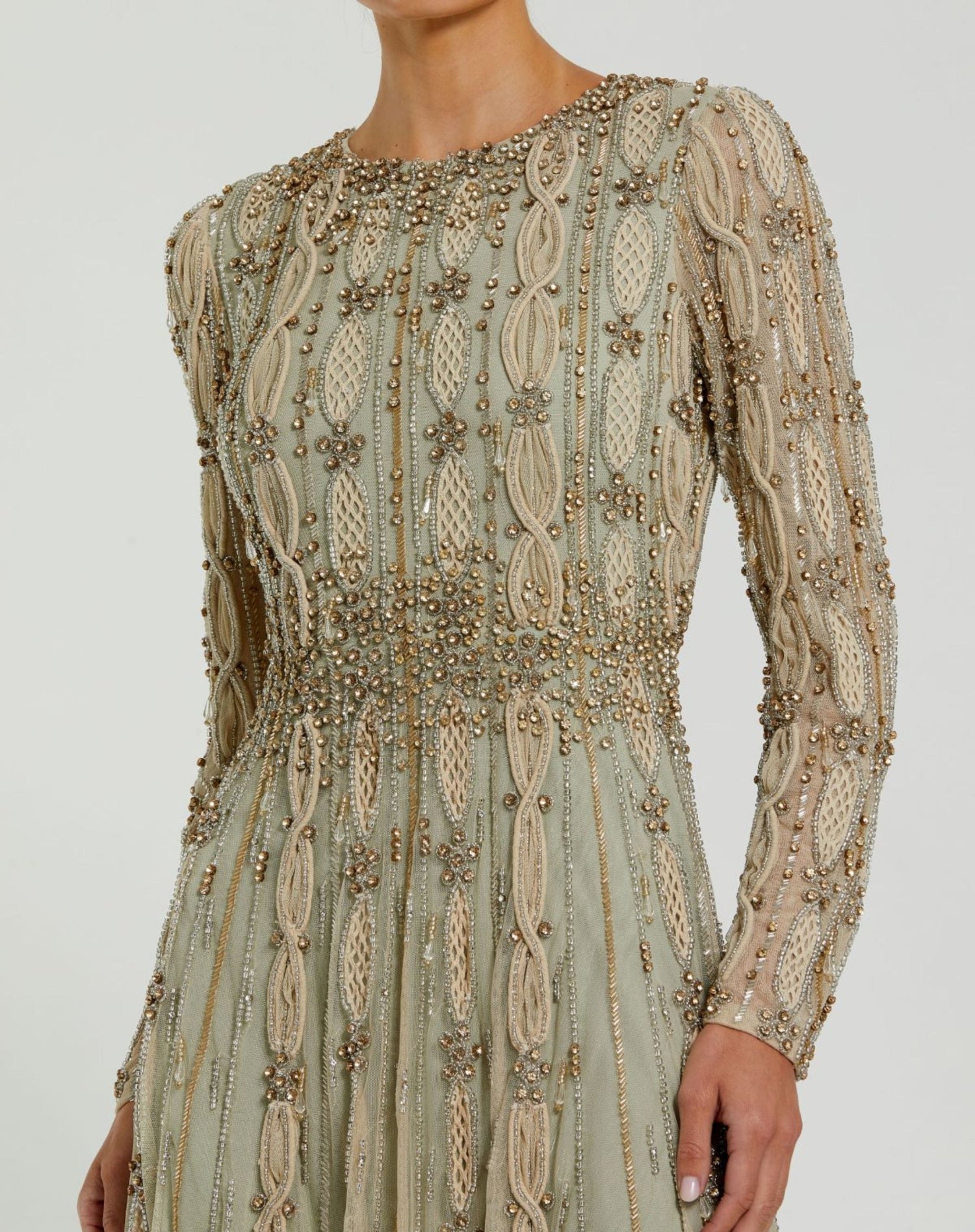 Green Embellished Mesh Long Sleeve A Line Maxi Gown In Sand Sage Green