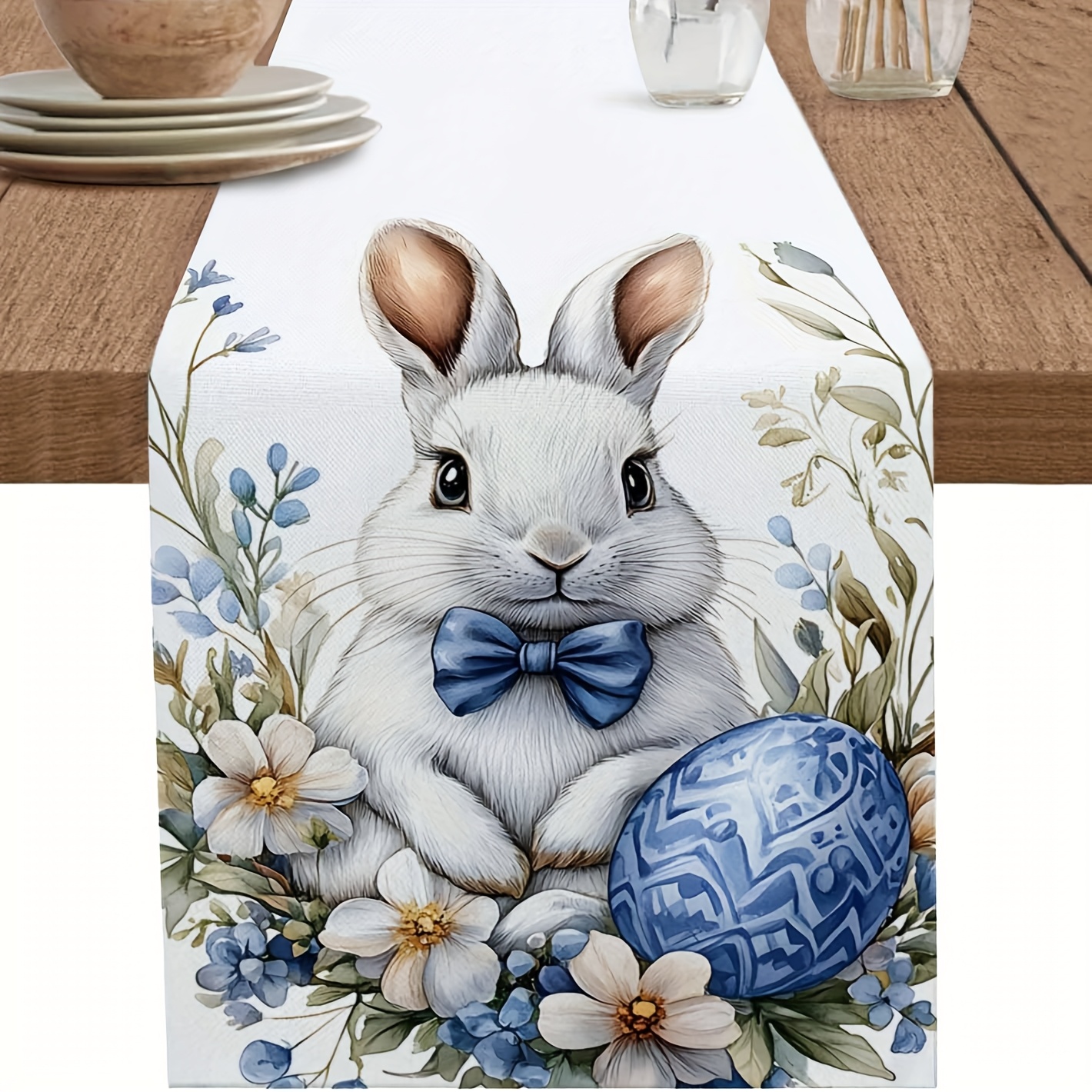 TEMU Easter Bunny & Floral Table Runner - Cute With Tie, Watercolor Spring Flowers, Fabric 13x36/48/72/108cm Pastel Green/blue/ For Wedding