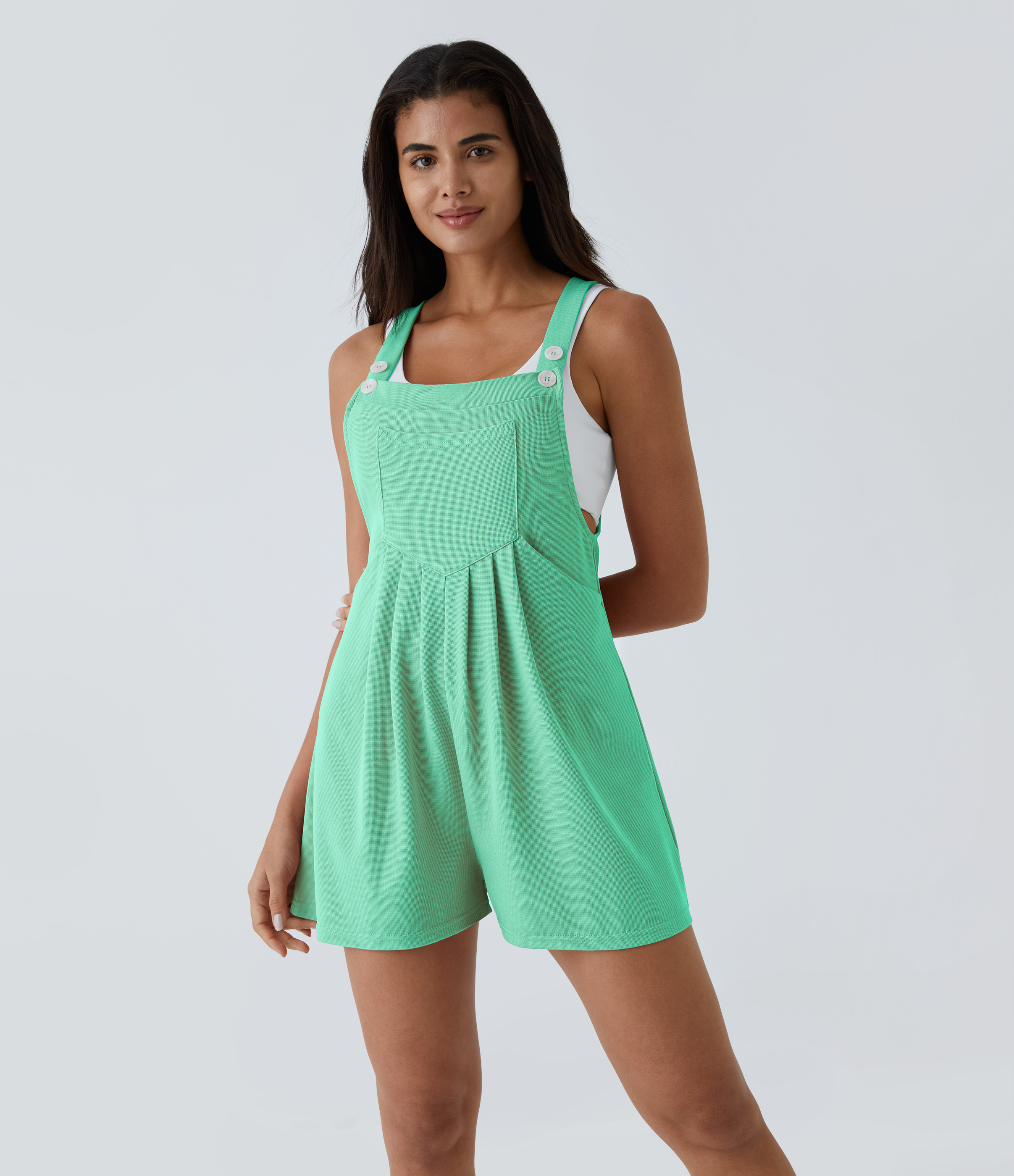 Pockets Waffle Casual Overalls  - Light Sea Green