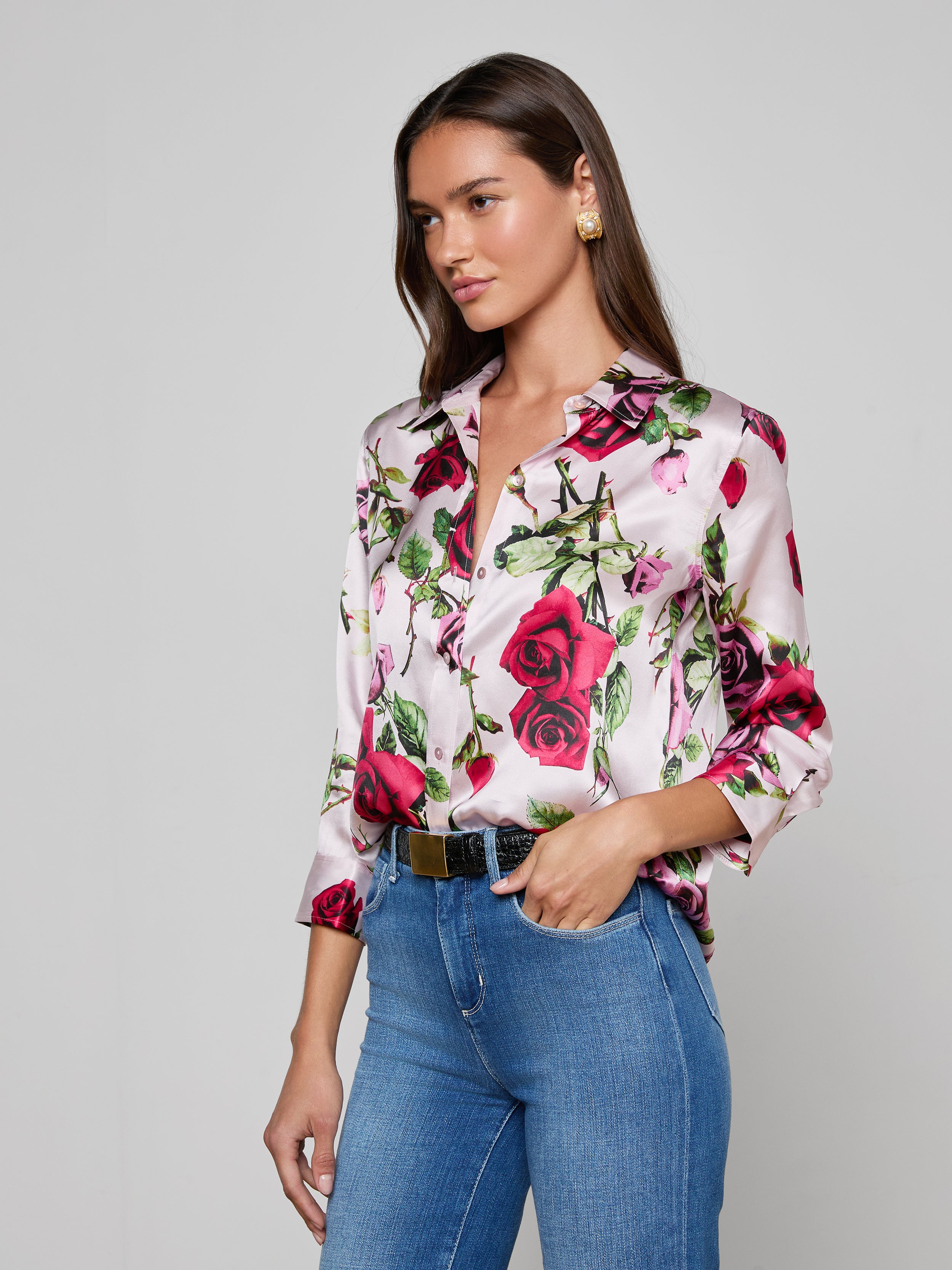 Dani Silk Blouse Top In Pink Multi Romantic Rose