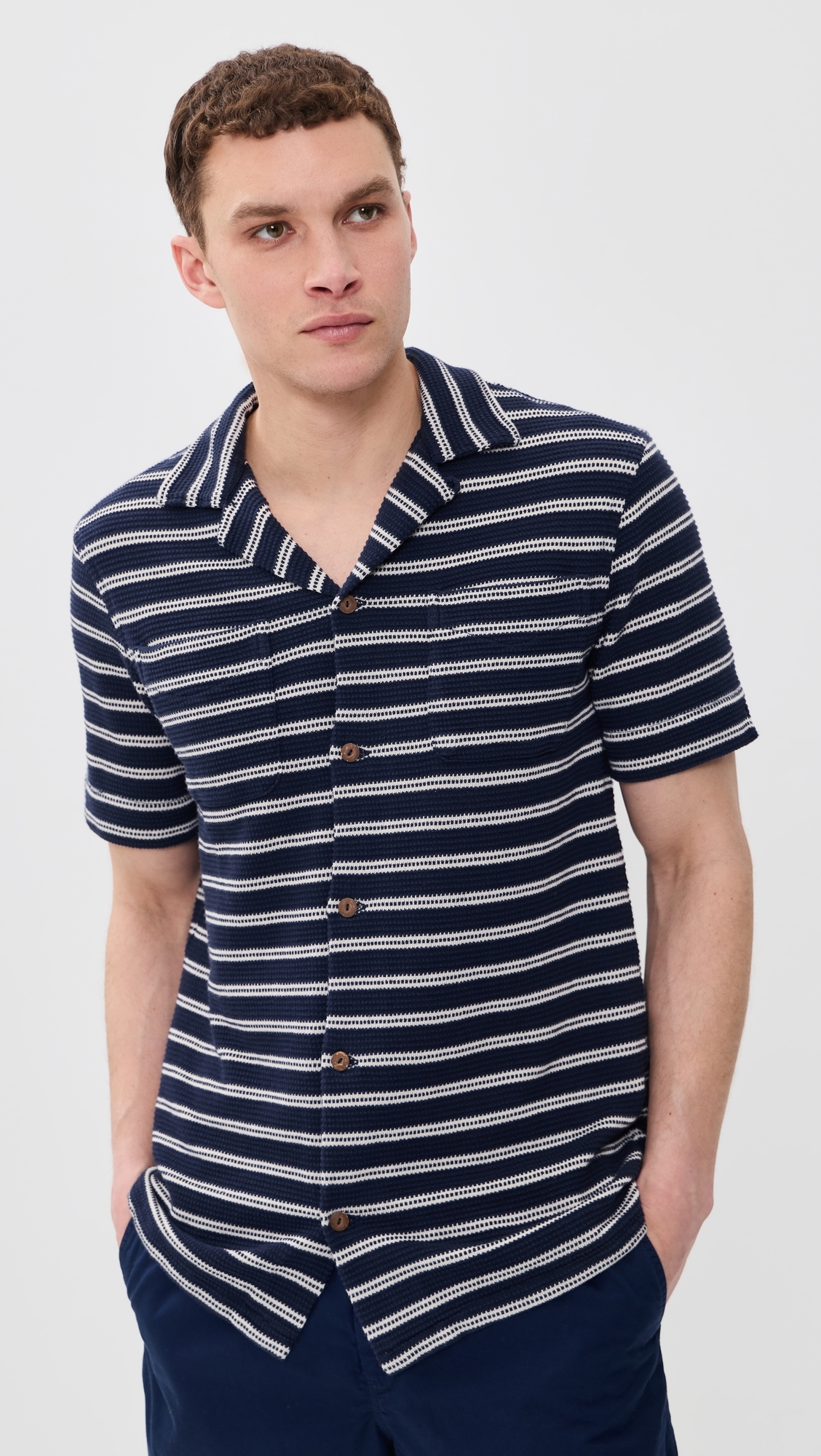 Short Sleeve Stripe Knit Collared Shirt Newport Navy/Pale Cream