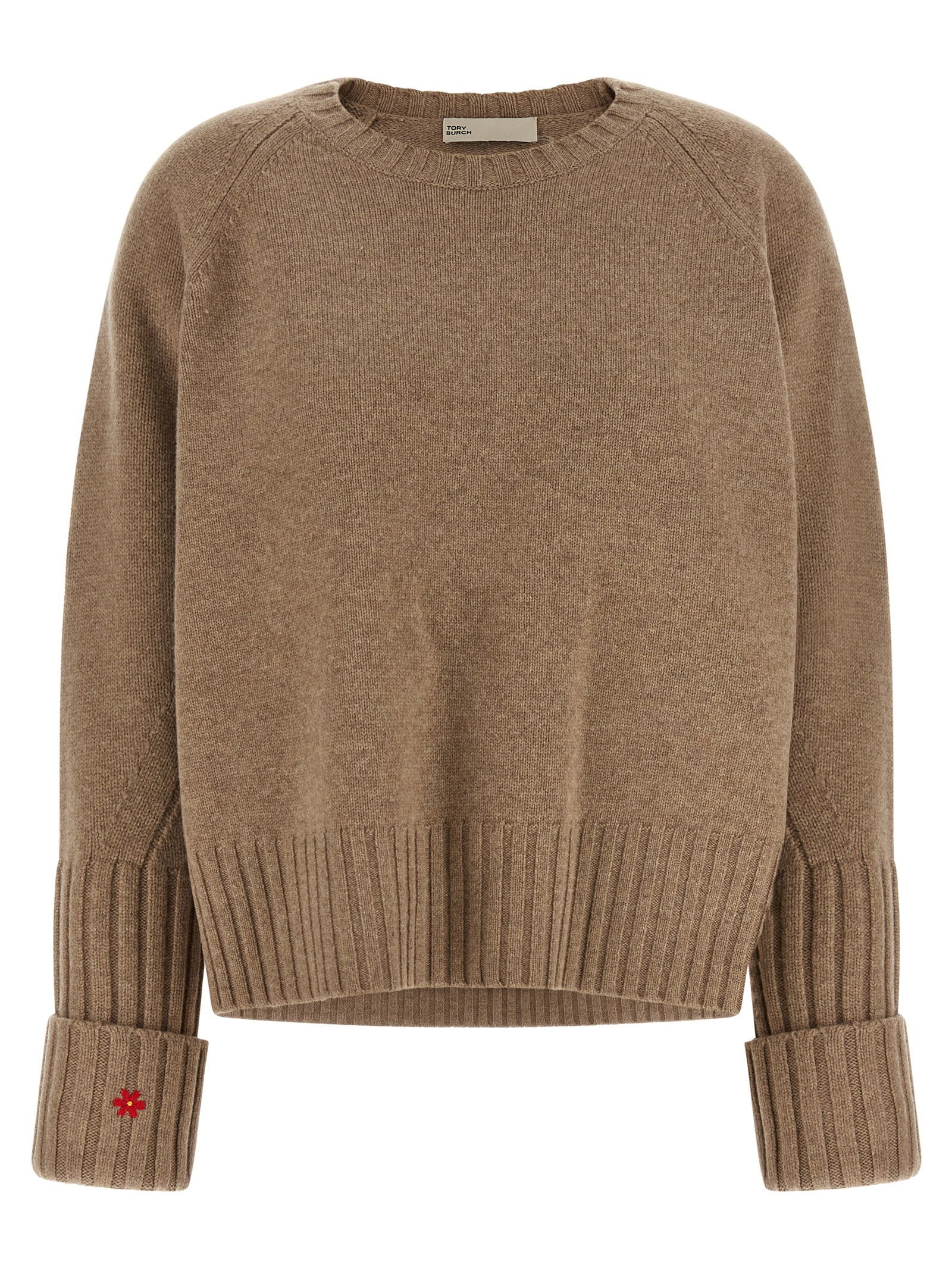 Wool Crew Neck with Floral Embroidery Sweater — Beige