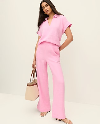 Ann Taylor The Petite Easy Fit Wide-Leg Pant in Cotton Gauze