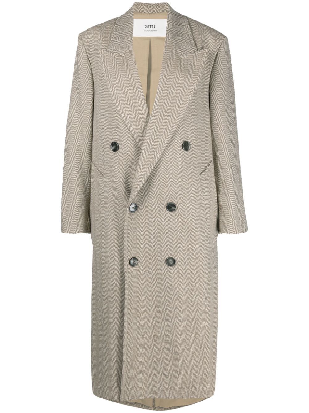 Double-breasted herringboned long coat - Neutrals