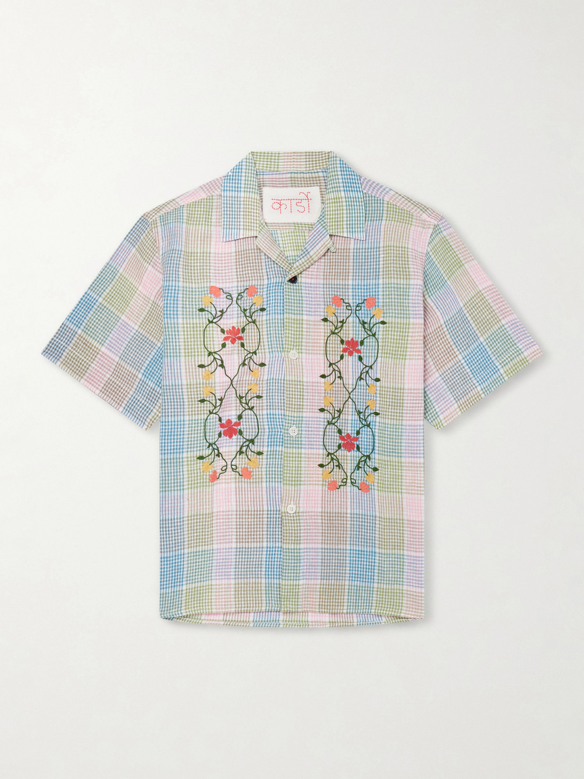 Ronen Camp-Collar Floral-Embroidered Checked Cotton and Linen-Blend Shirt