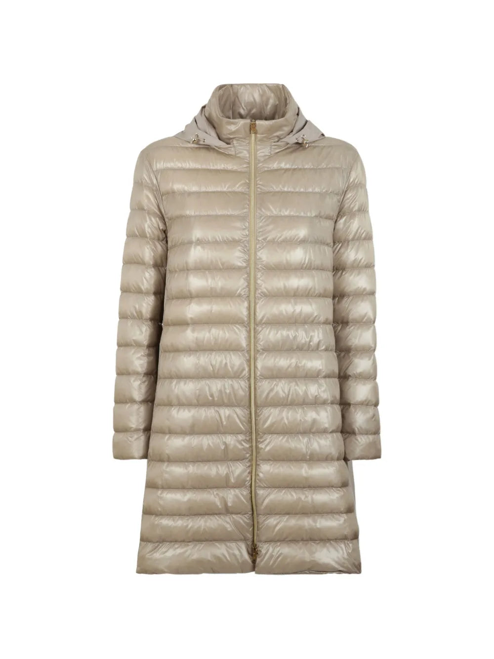 Quilted Detachable-Hood Down Jacket — Beige