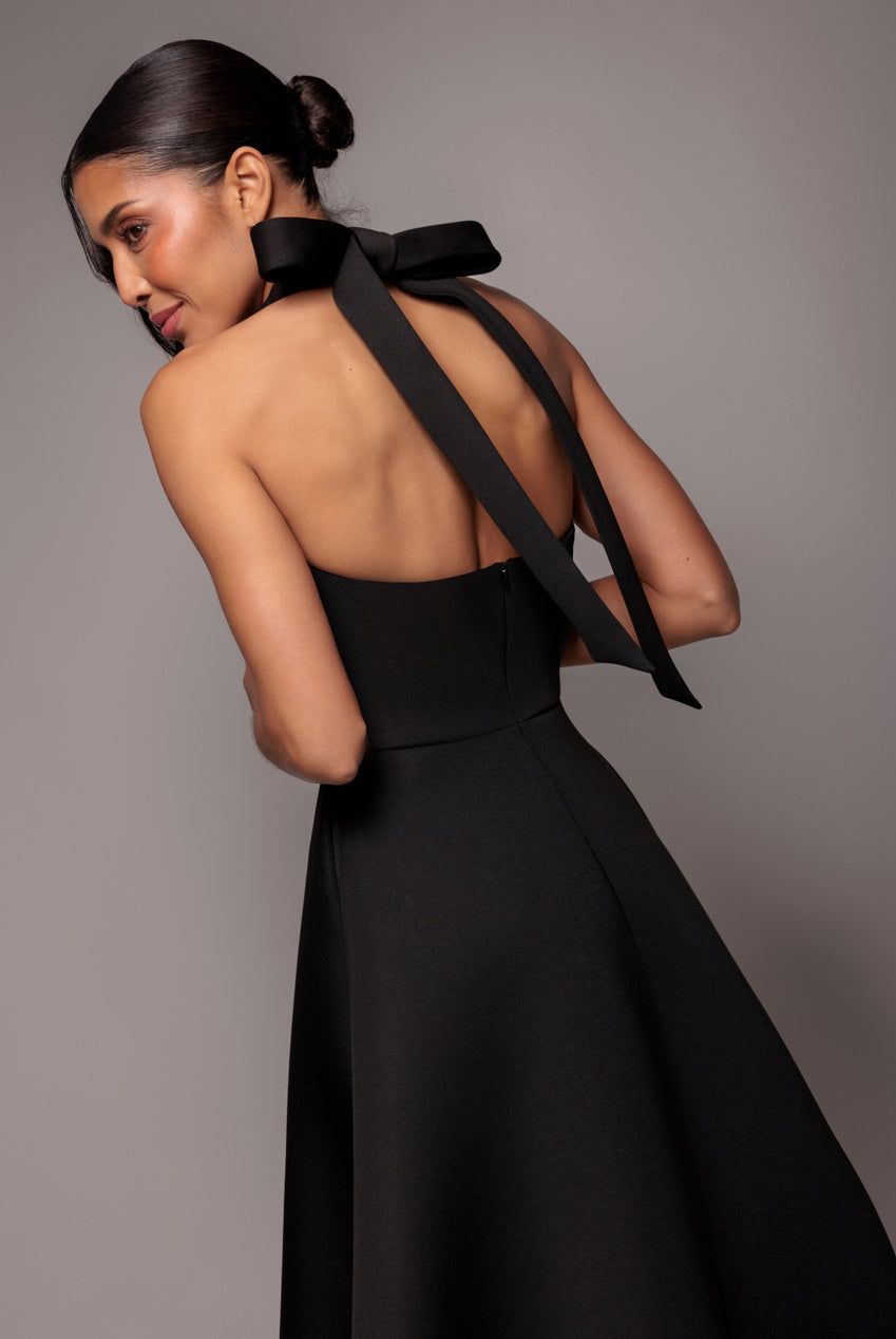 Goddiva Women's Contrast Organza Frill Bow Back Halter Midi Dress in Black