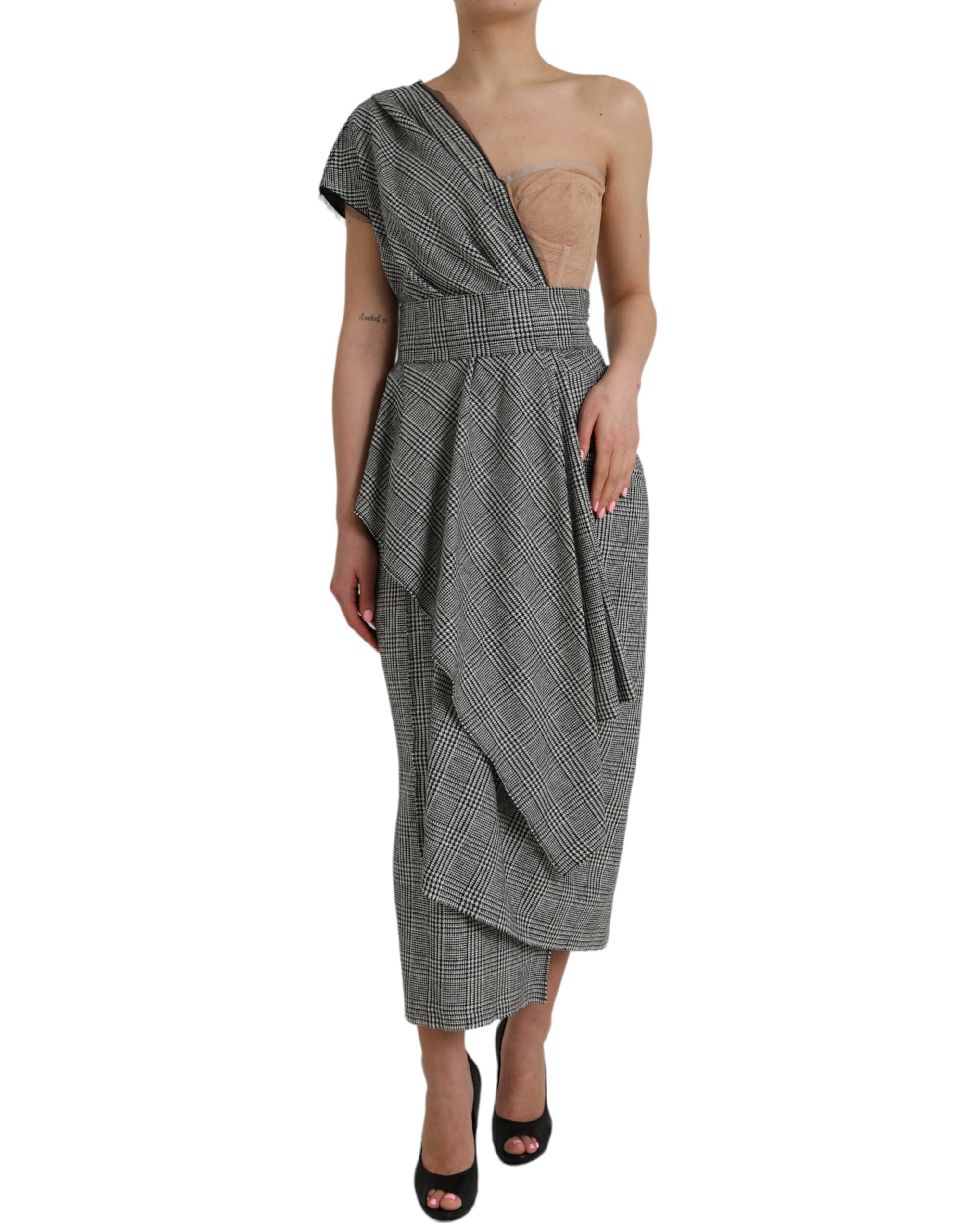 Plaid One-Shoulder Dress — Gray
