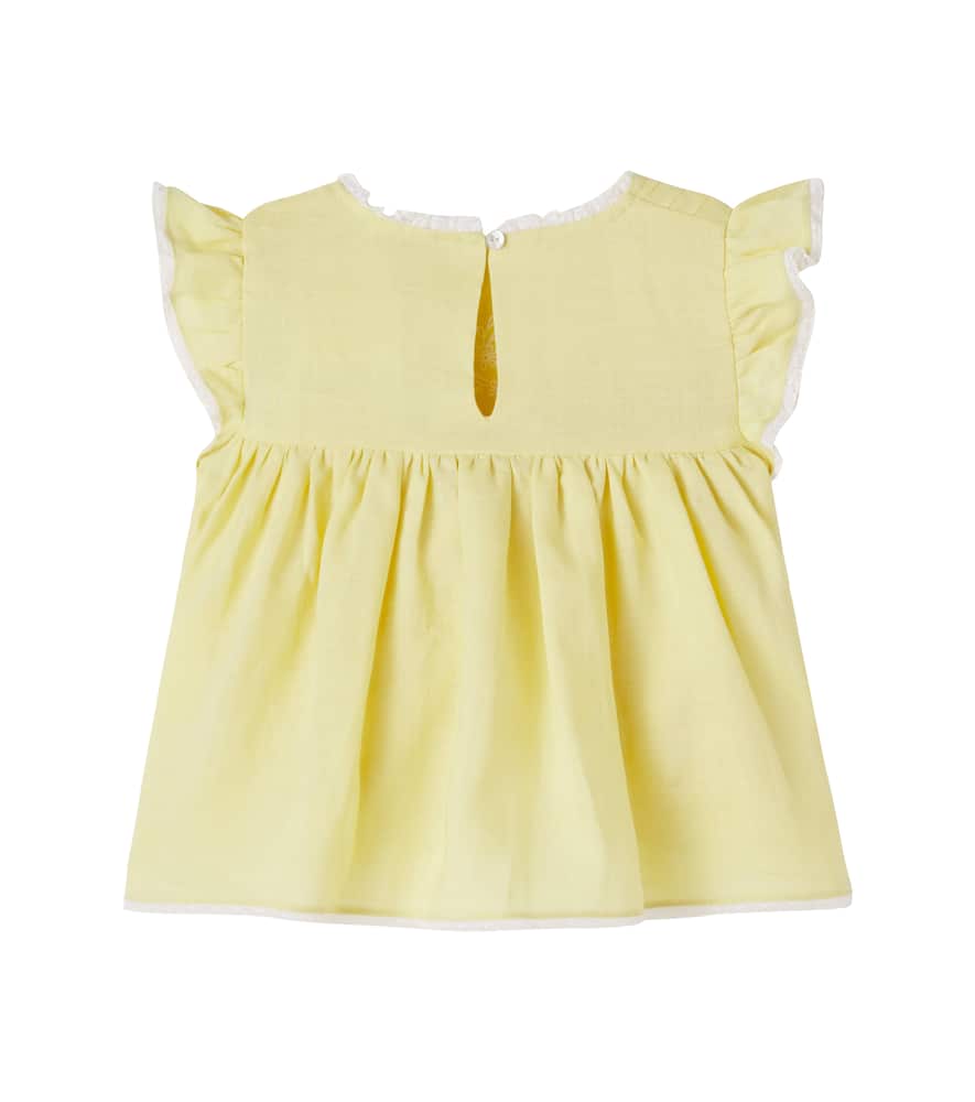 Embroidered lace-trimmed ramie top