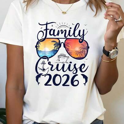 Family Cruise 2026 Letter Print T-Shirt, Short Sve Crew Neck Casual Day Vibe Top For Summer & Spring, Wo's Clog.Jpg