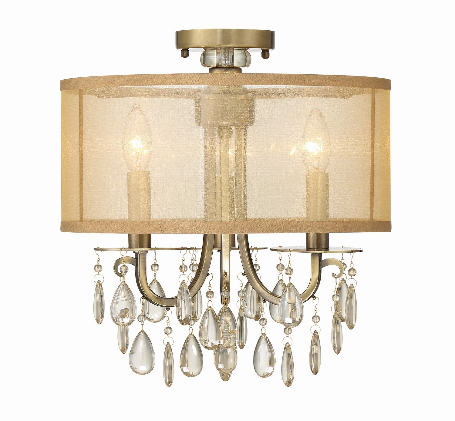 Hampton 3-Light 14" Ceiling Light in Antique Brass with Etruscan Teardrop Almond Crysta