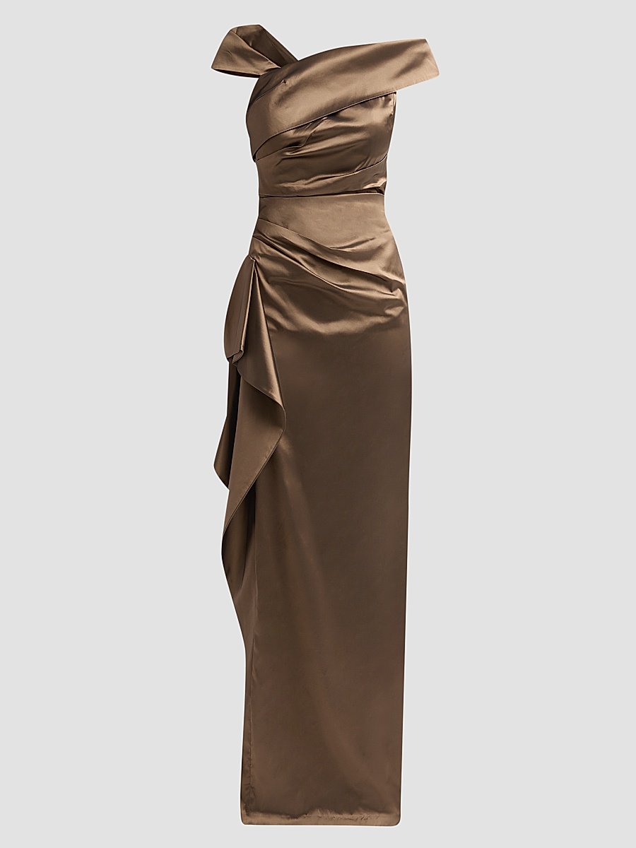 Women's Draped Woven Taffeta Column Gown - Bronze