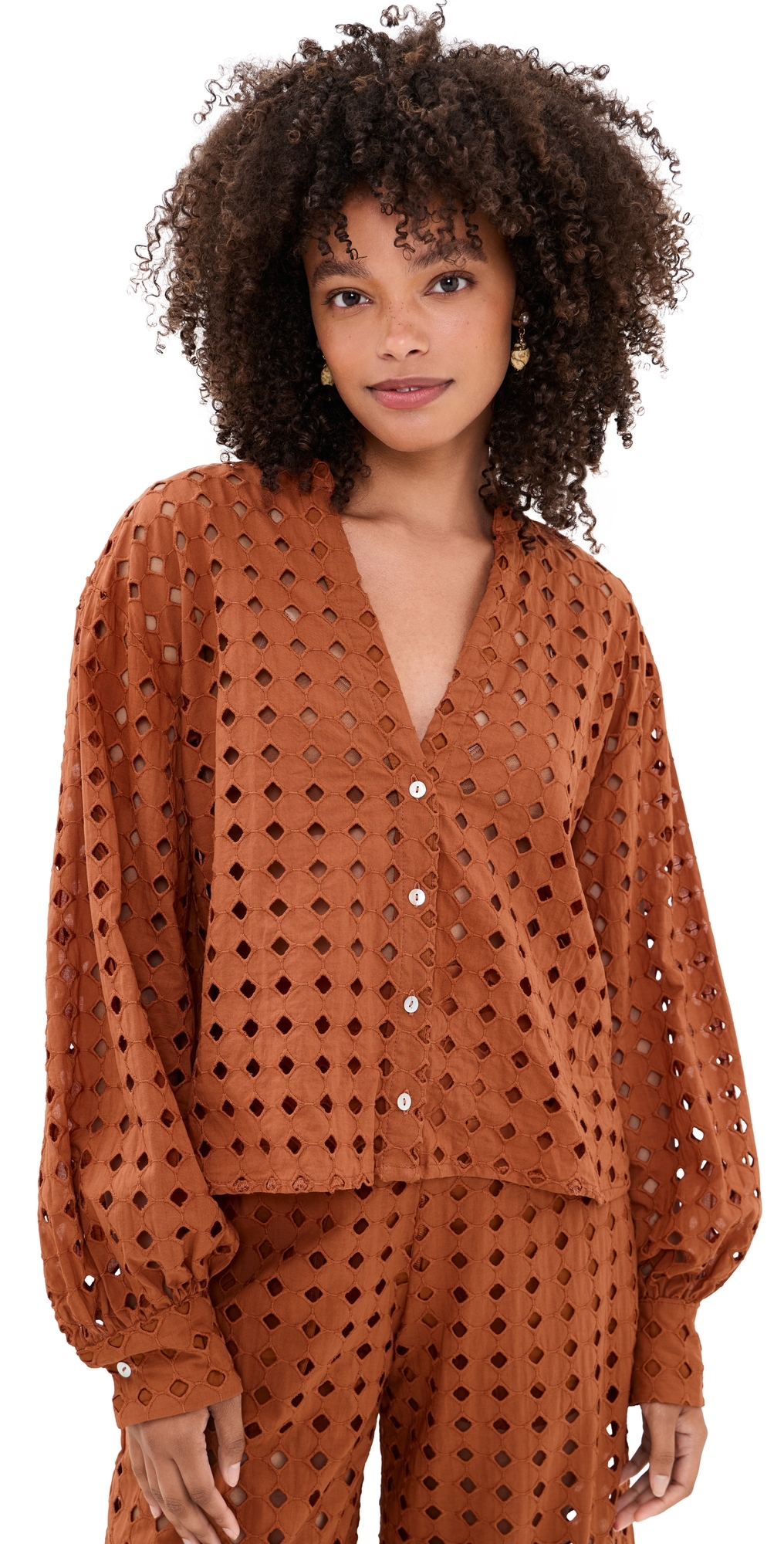 Brown Castanha Cuffed Eyelet Shirt Brown Castanha