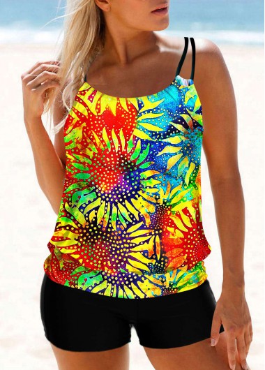 Modlily Multi Color Sunflower and Tie Dye Print Tankini Top