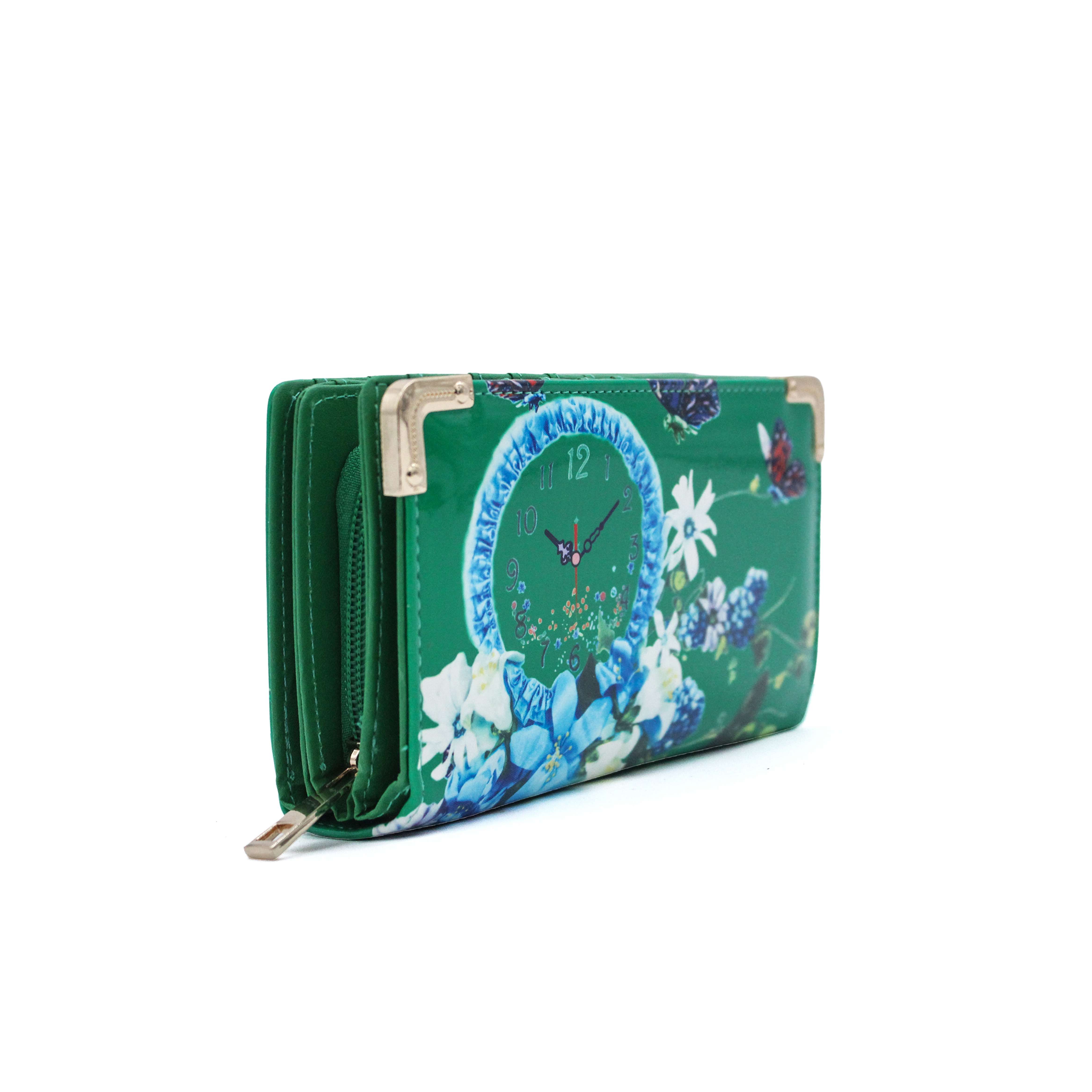 Kitise Women's Glossy Patent PU Leather Floral Butterfly Multi Pockets Wallet Purse in Green