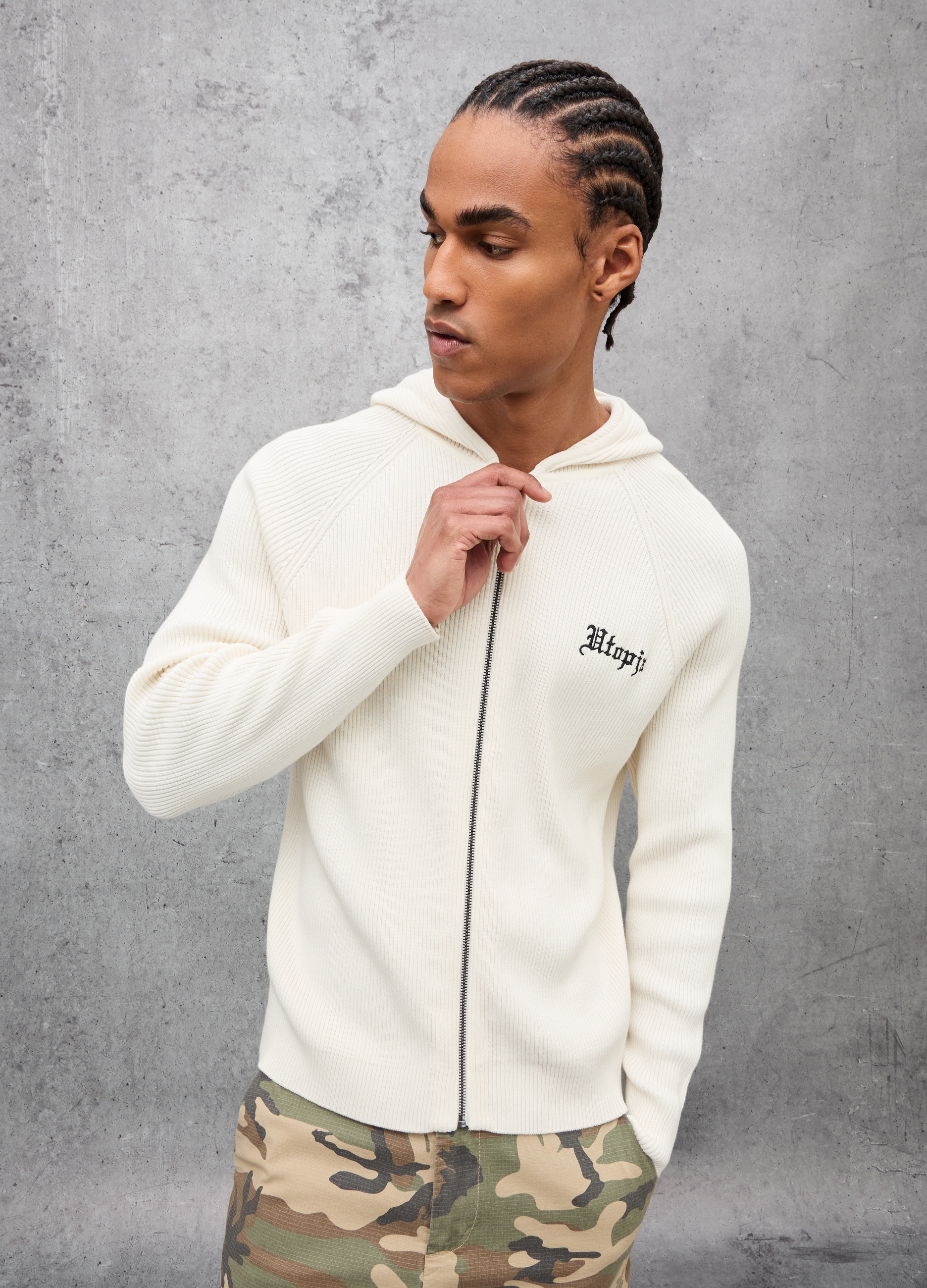 UTOPJA, Weißer Gerippter Strick Hoodie, Mann, Bianco, Größe