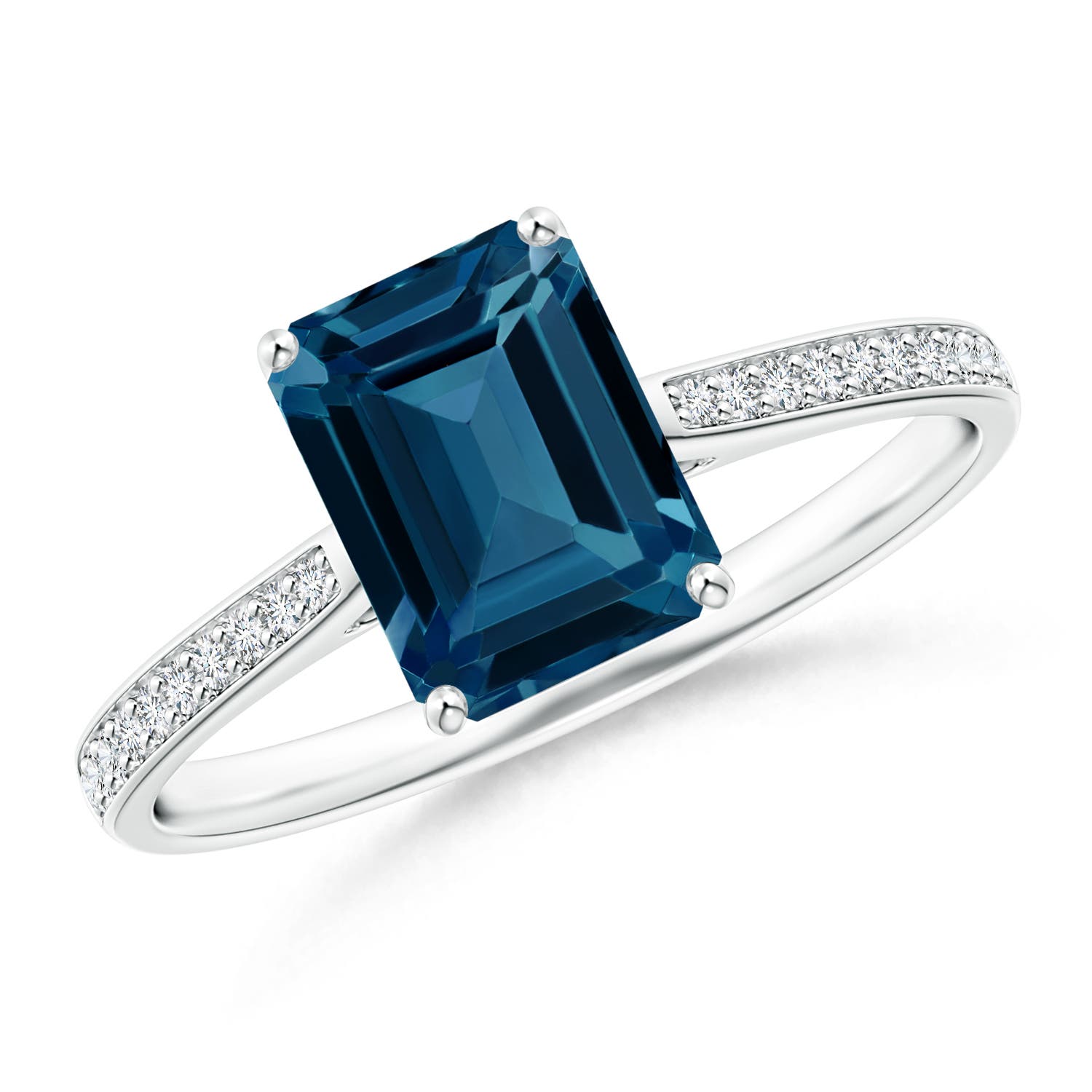 Angara 1.95 Carats Emerald-Cut London Blue Topaz Cocktail Ring with Diamonds in Platinum
