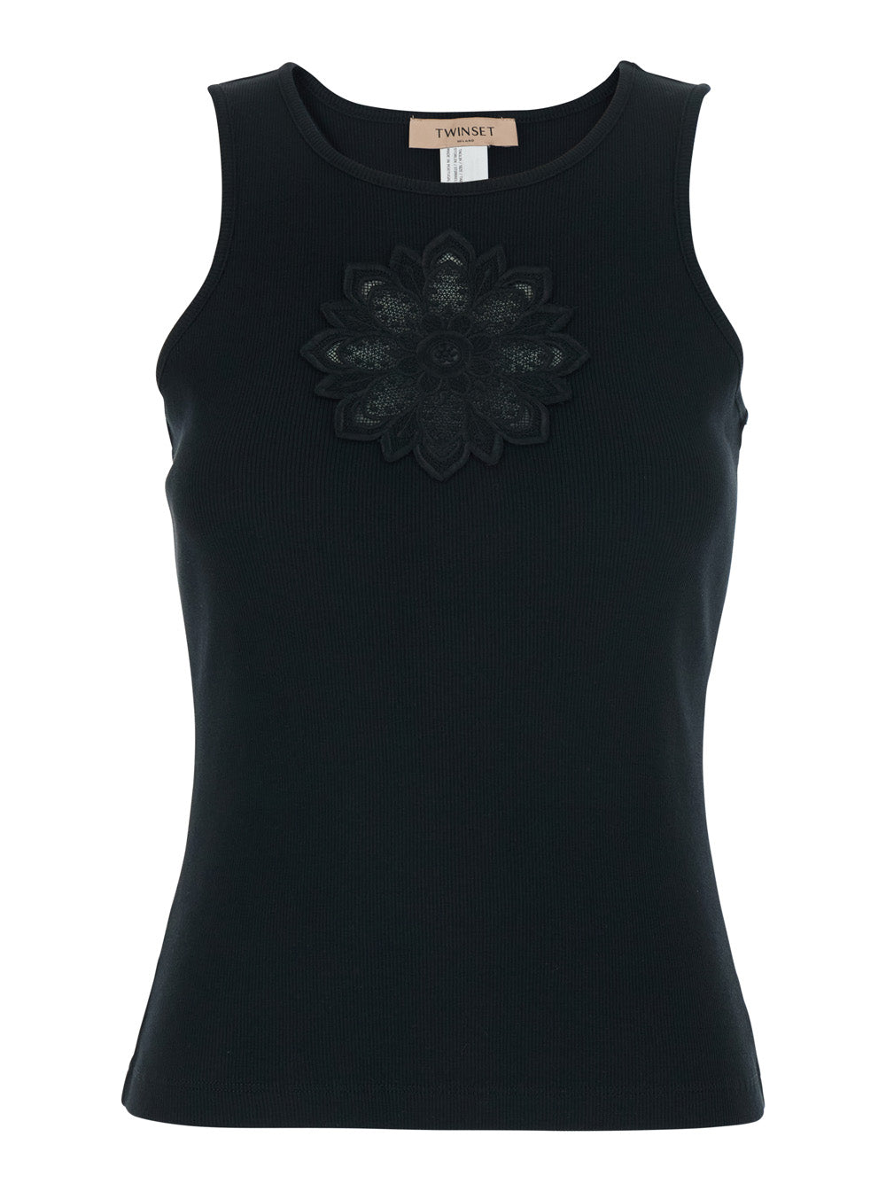 Tone-on-Tone Floral Embroidery Tank Top — Black