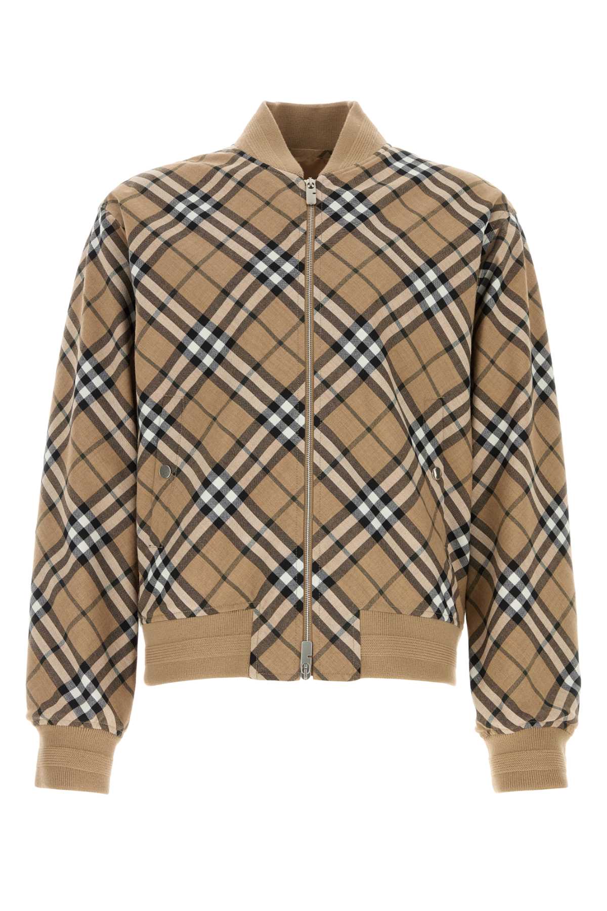 Checked Wool-Blend Bomber Jacket — Beige