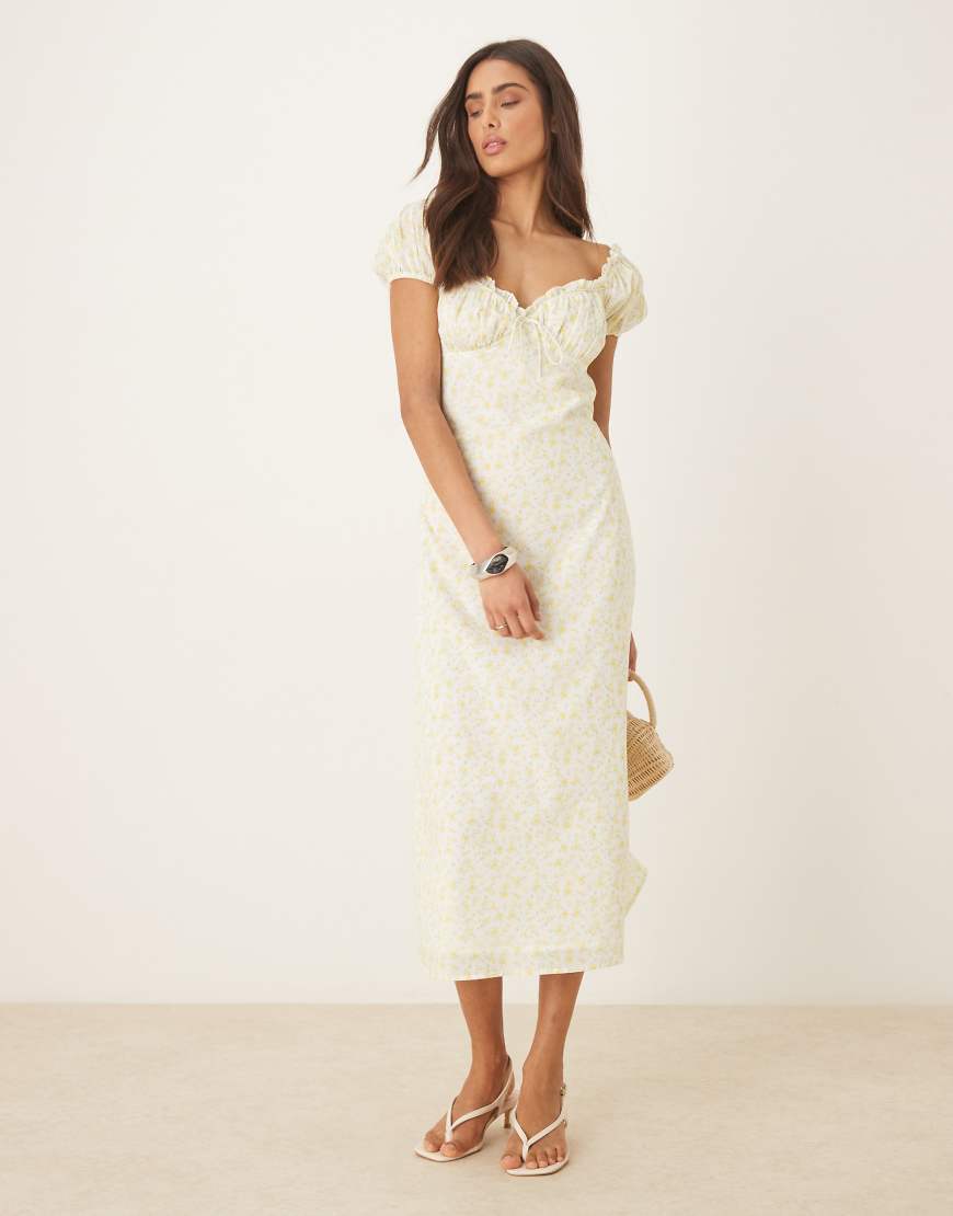 Daphne milkmaid midi dress in lemon ditsy-Yellow