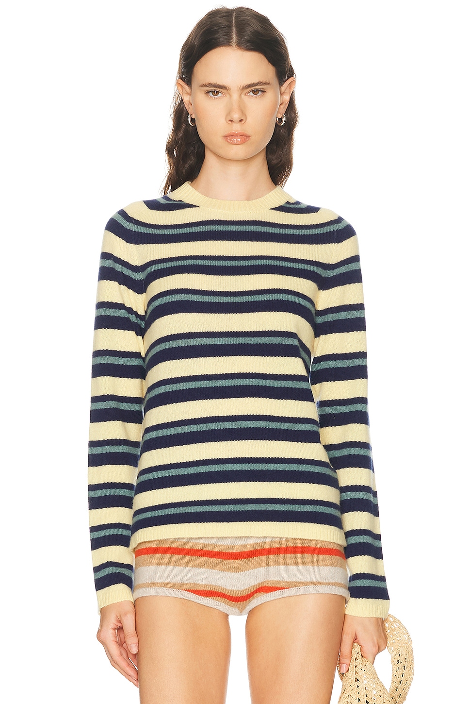 The Elder Statesman Laurel Stripe Crew Sweater in Cypress Stripe - Lemon,Blue. L also in M