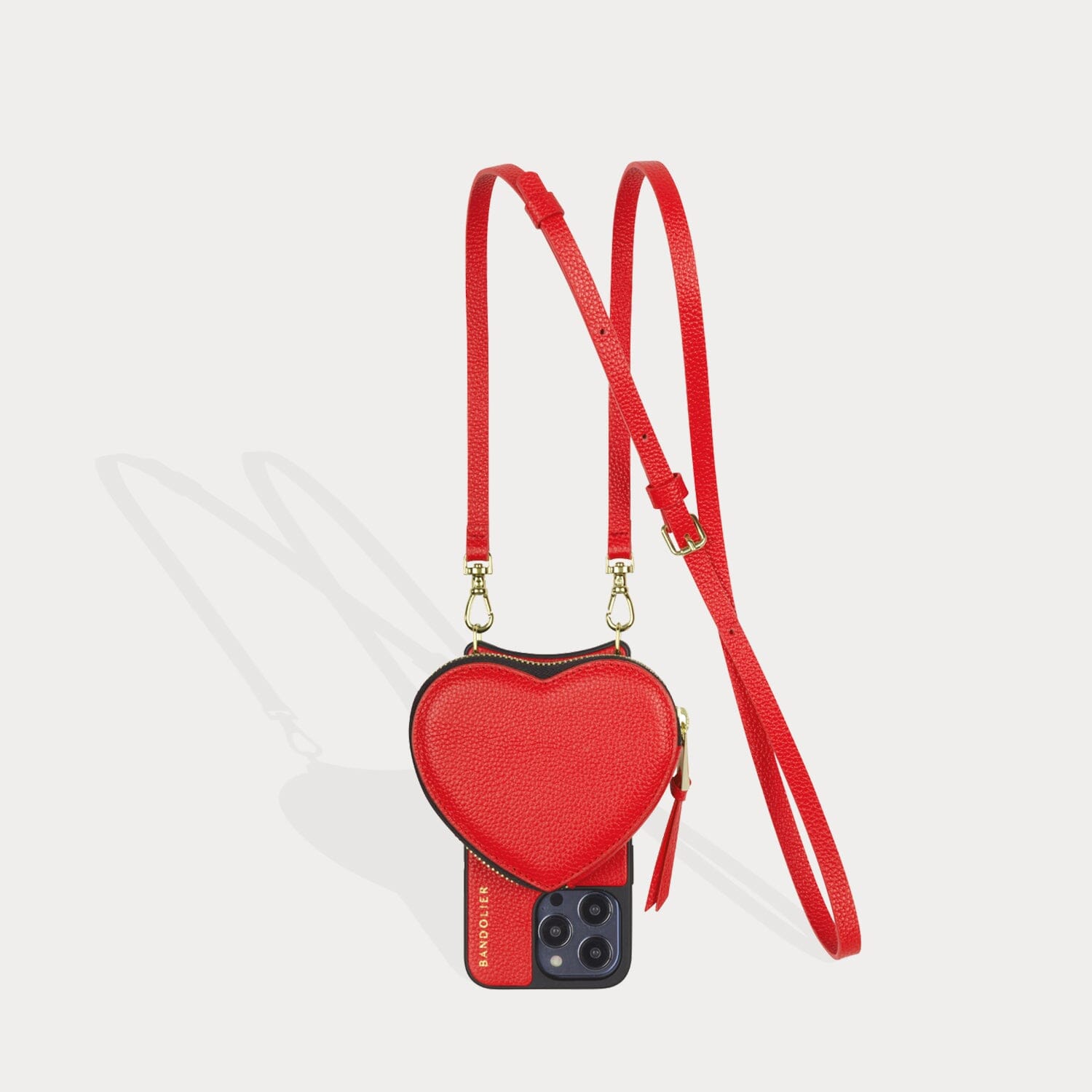 Willa Heart Pouch Bandolier in Poppy Red/Gold | iPhone 14 Regular | Genuine Leather |