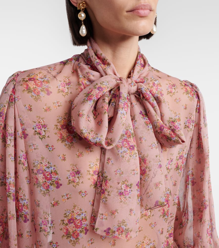 Floral tie-neck silk blouse
