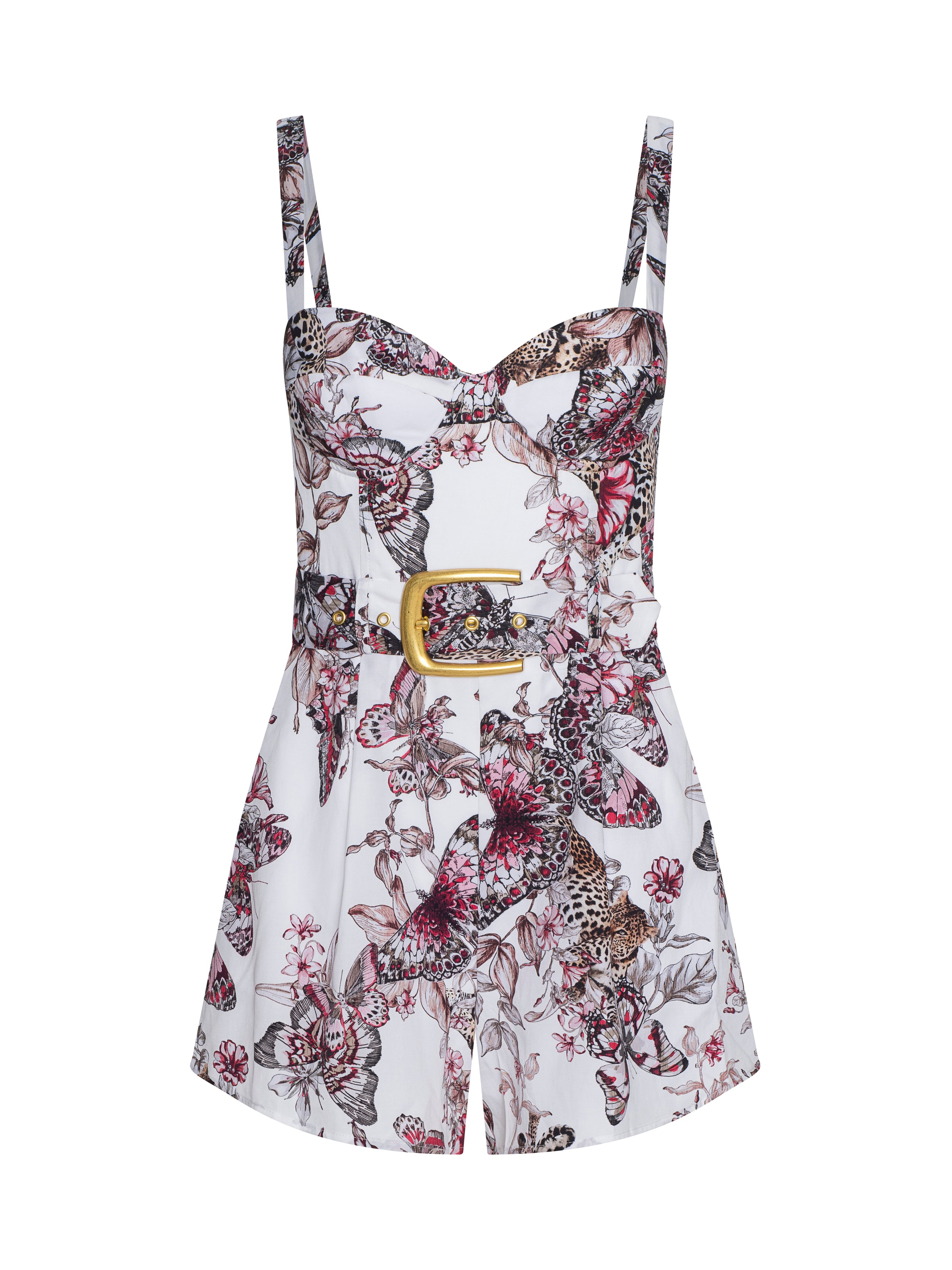 Tammy Romper In White Multi Large Butterfly Jungle