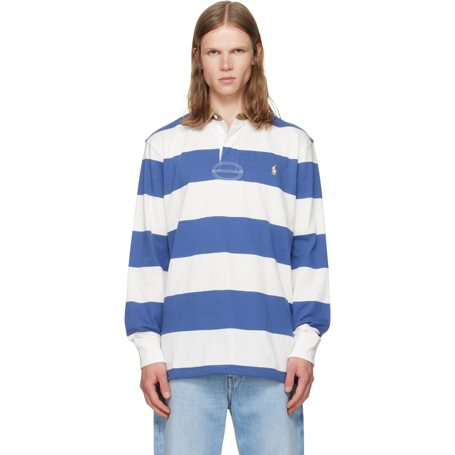 White & Navy Classic Fit Khaki-Collar Rugby Shirt
