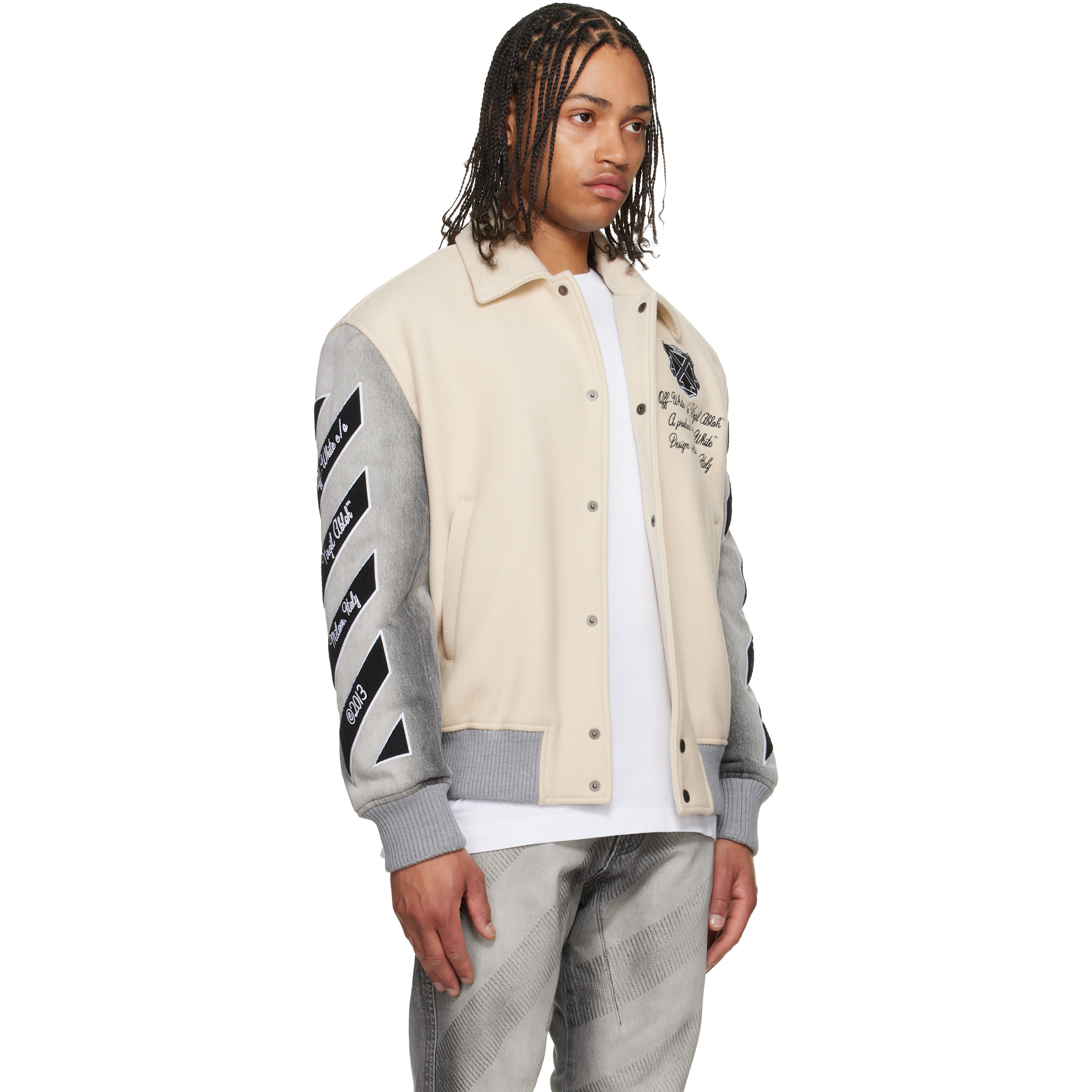 & Gray Wool Denim Relaxed Varsity Jacket
