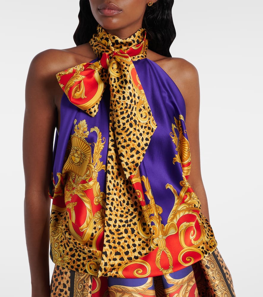 Bow-detail printed silk satin top