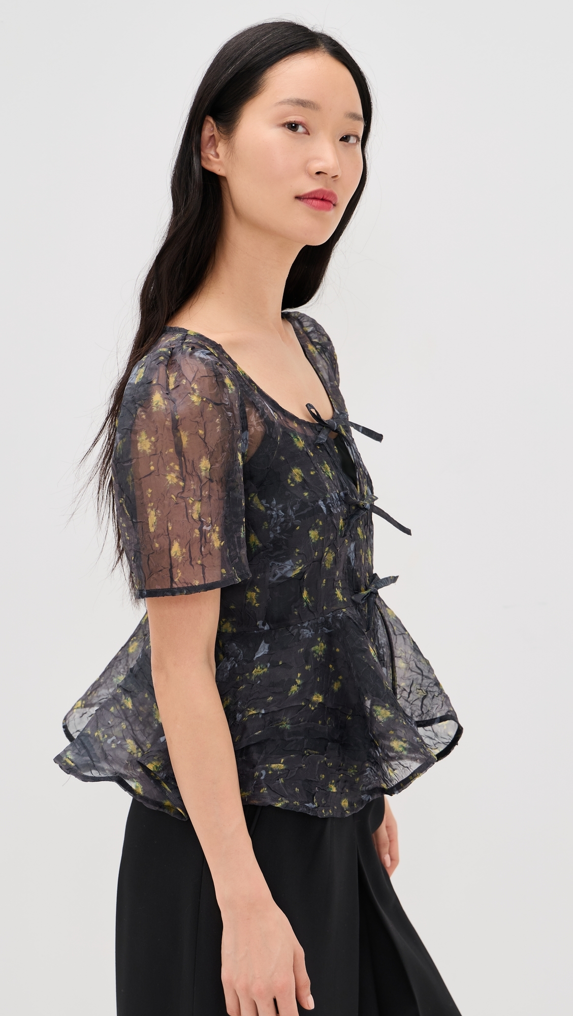 Printed Shibori Organza Sun Cut Peplum Blouse Black Sand