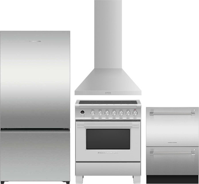 Fisher & Paykel 4 Piece Kitchen Appliances Package with Bottom Freezer Refrigerator, Induction Range and Dishwasher in Stainless Steel FPRERARHDW