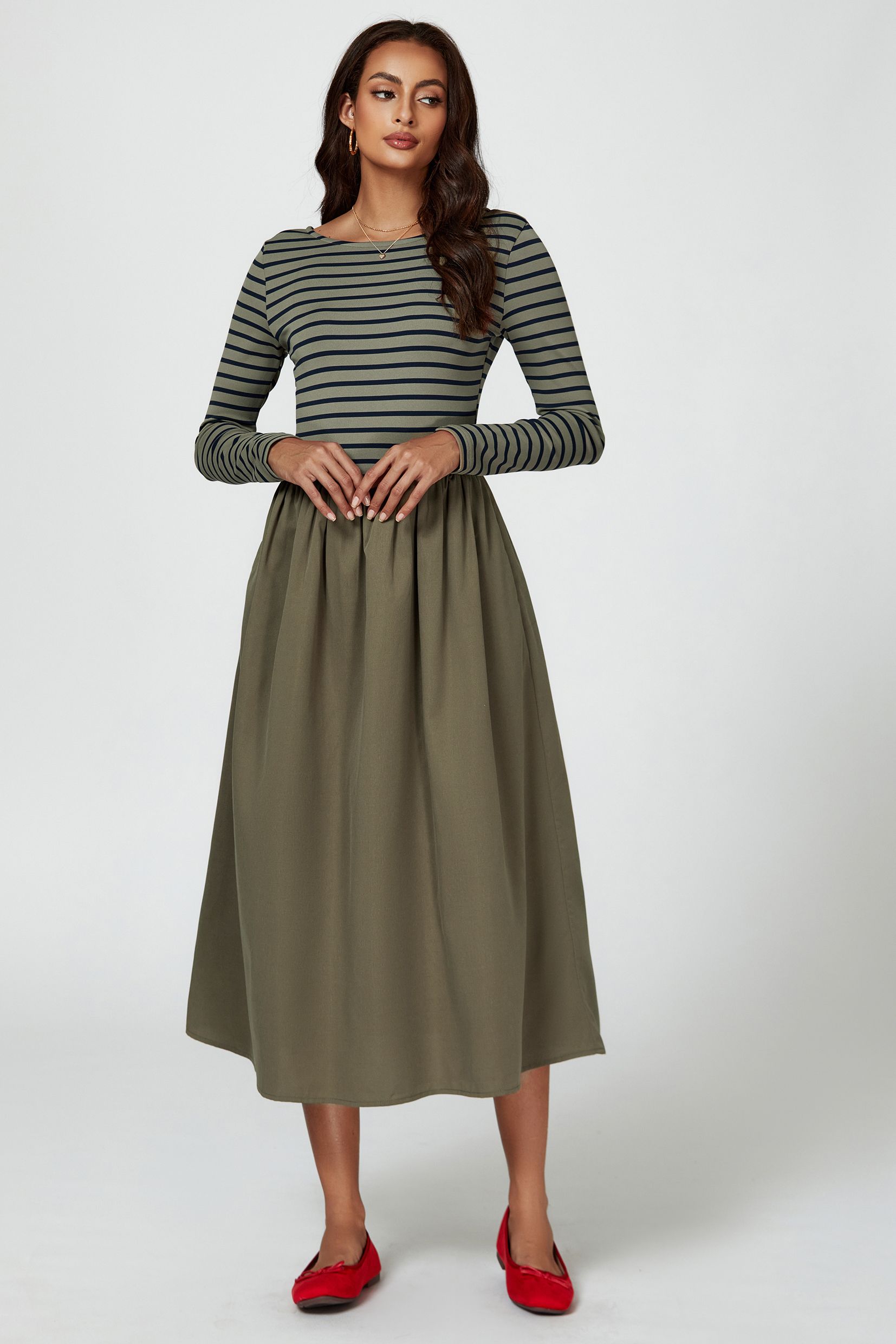 FS Collection Women's Long Sleeve Stripe Midi Dress In Olive | : Mediu