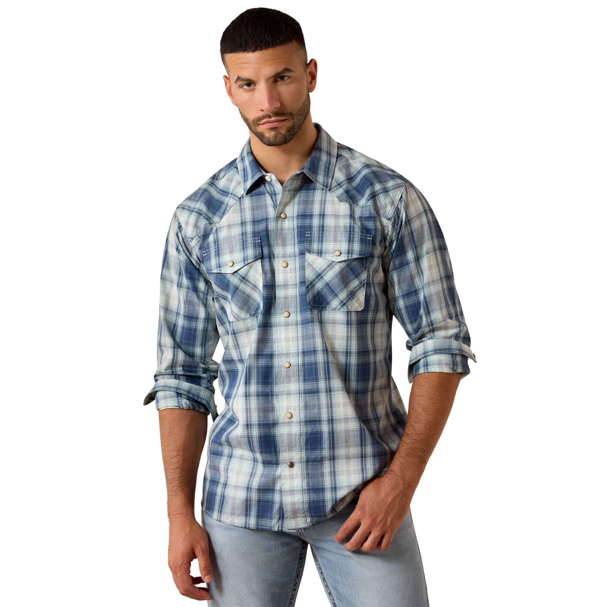 Men's Retro Heathcliff Fitted Western Snap Shirt Long Sleeve in Key Largo Plaid, Size Large, by