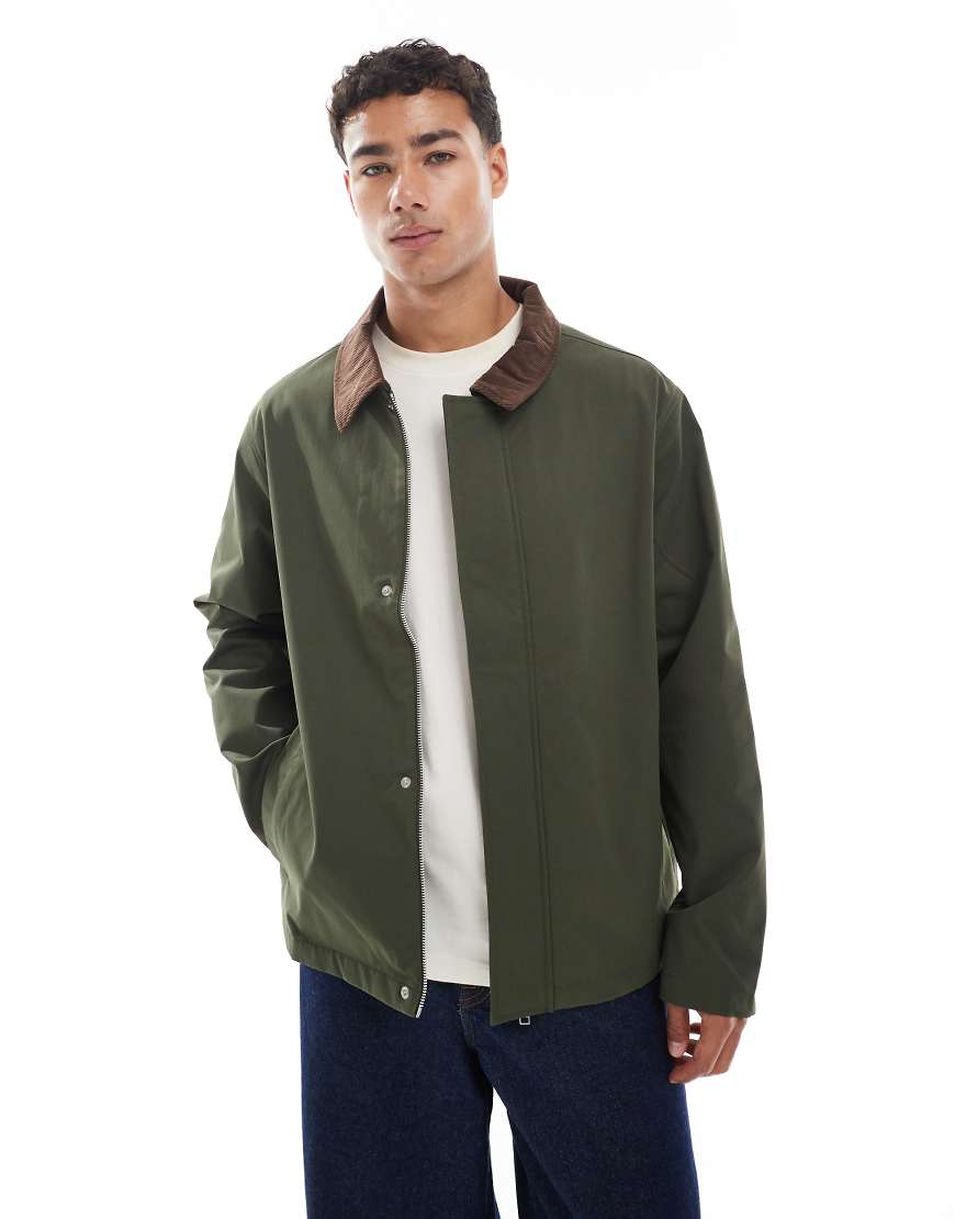 Harrington jacket with cord collar in khaki-Green