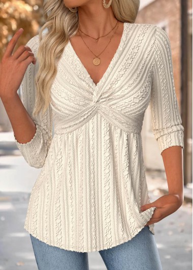 Modlily Beige 3/4 Sleeve V Neck T Shirt