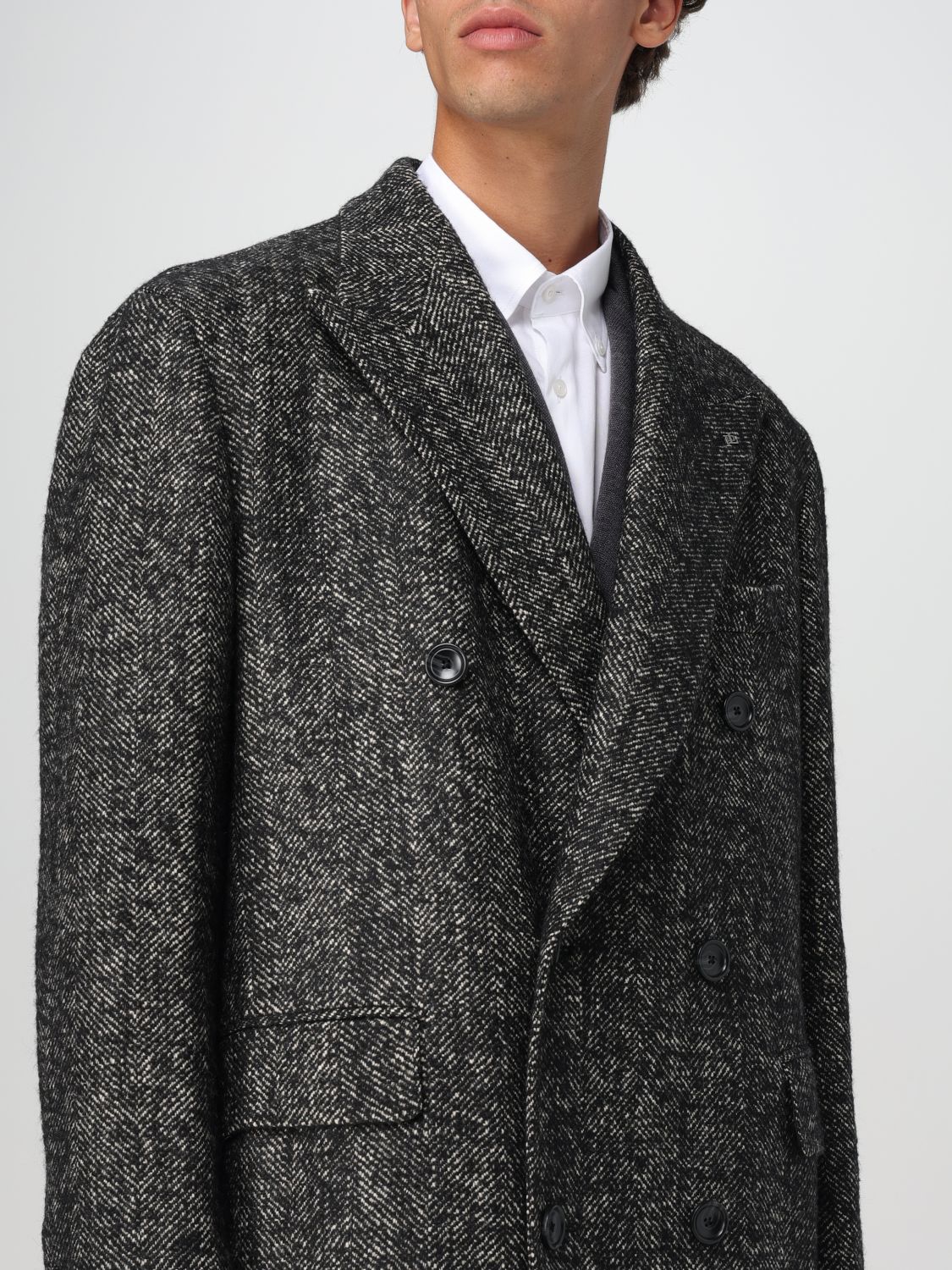 Herringbone double-breasted coat - Black
