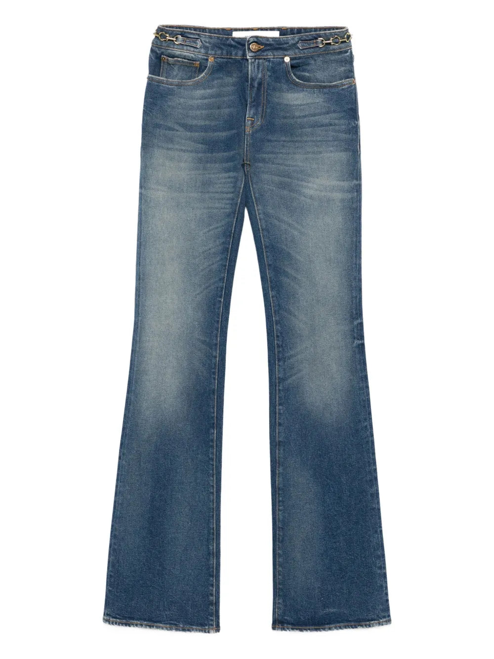 Buckle-Embellished Flared Jeans — Blue