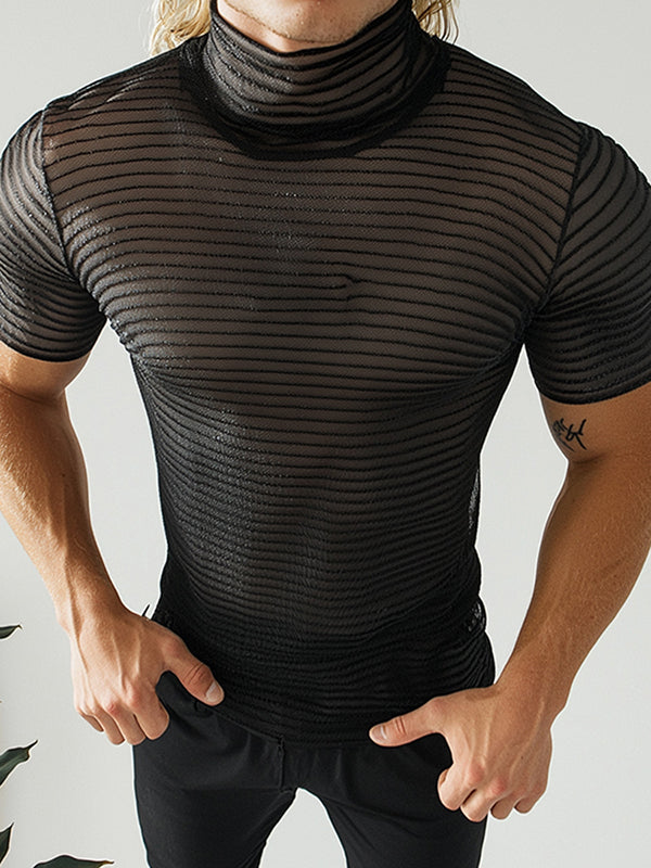 Mens Sheer Striped High Neck Short-Sleeve T-Shirt SKUL05509 - Black / S