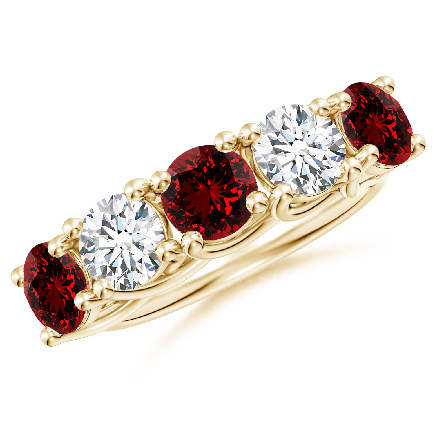 Angara 2.25 Carats Lab-Grown Half Eternity Five Stone Ruby and Lab Diamond Wedding Ring in 14K Yellow Gold