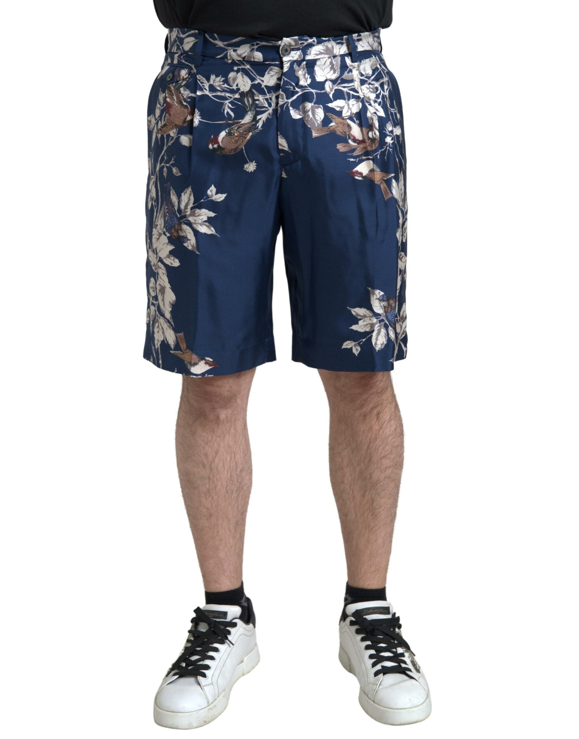 Floral-Print Silk Bermuda Shorts — Navy