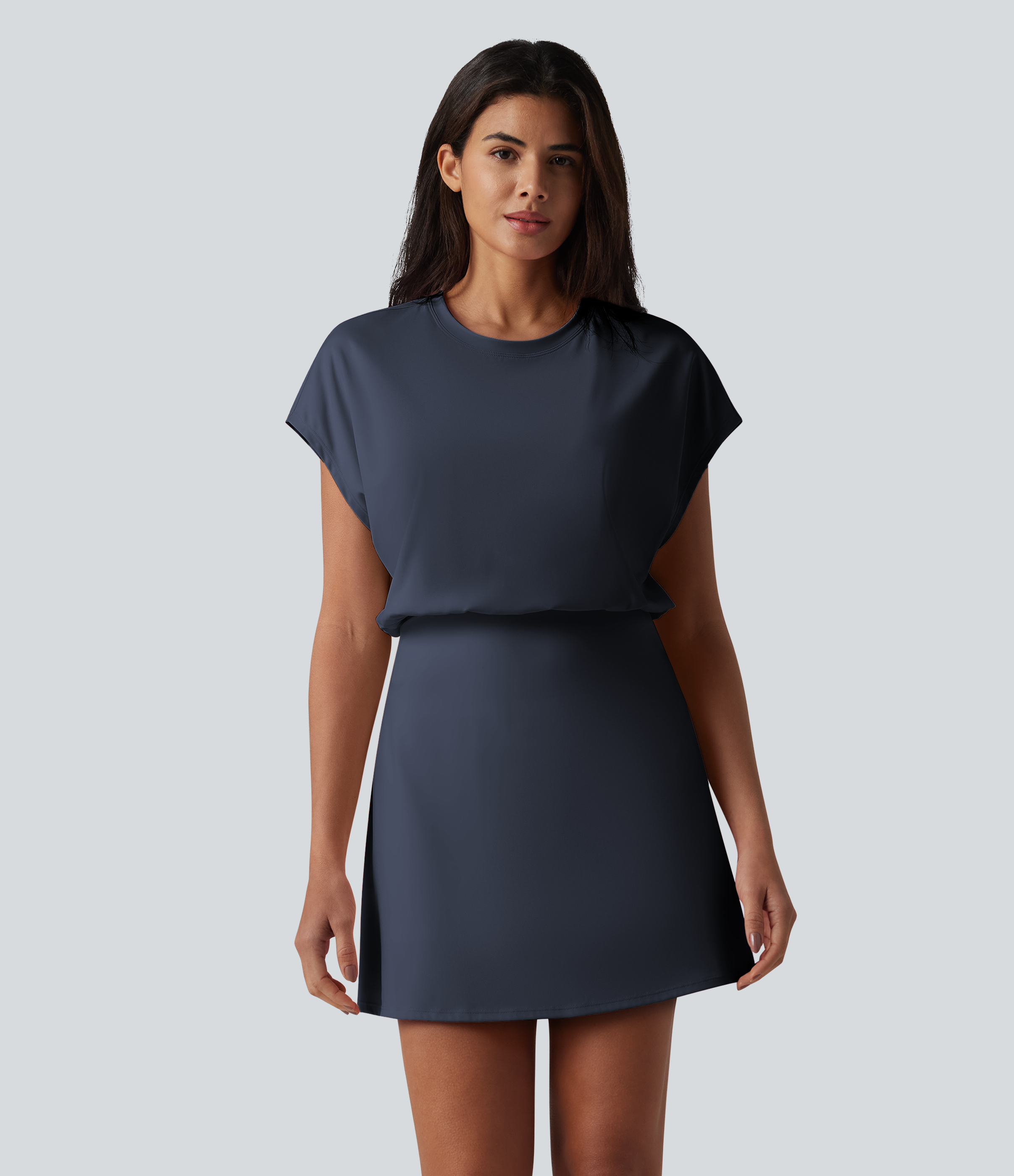 SoftlyZero™ Airy Round Neck Short Sleeve 2-in-1 Cool Touch Mini Yoga Active Dress with Pockets-Easy Peezy Edition Workout Dress - Mood Indigo