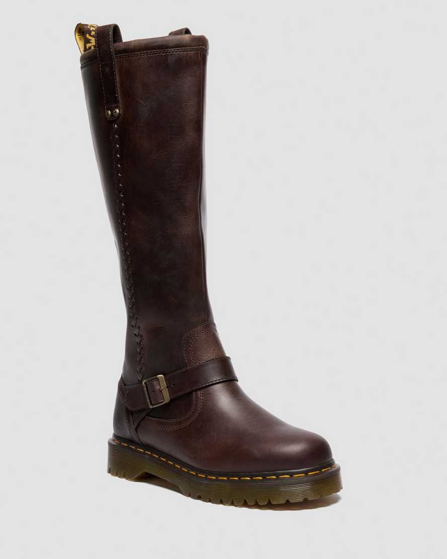 Leather Anistone Knee High Crazy Horse Biker Boots in Brown