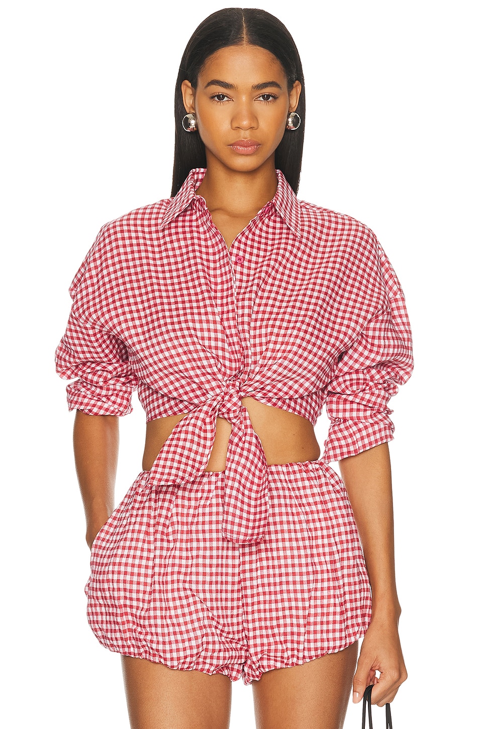 AEXAE Linen Shirt Tie Top in Gingham Red - Red. XS also in S